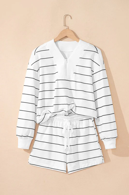 Stripe Zip-Up Drop Shoulder Pullover and Short Set - Image 2