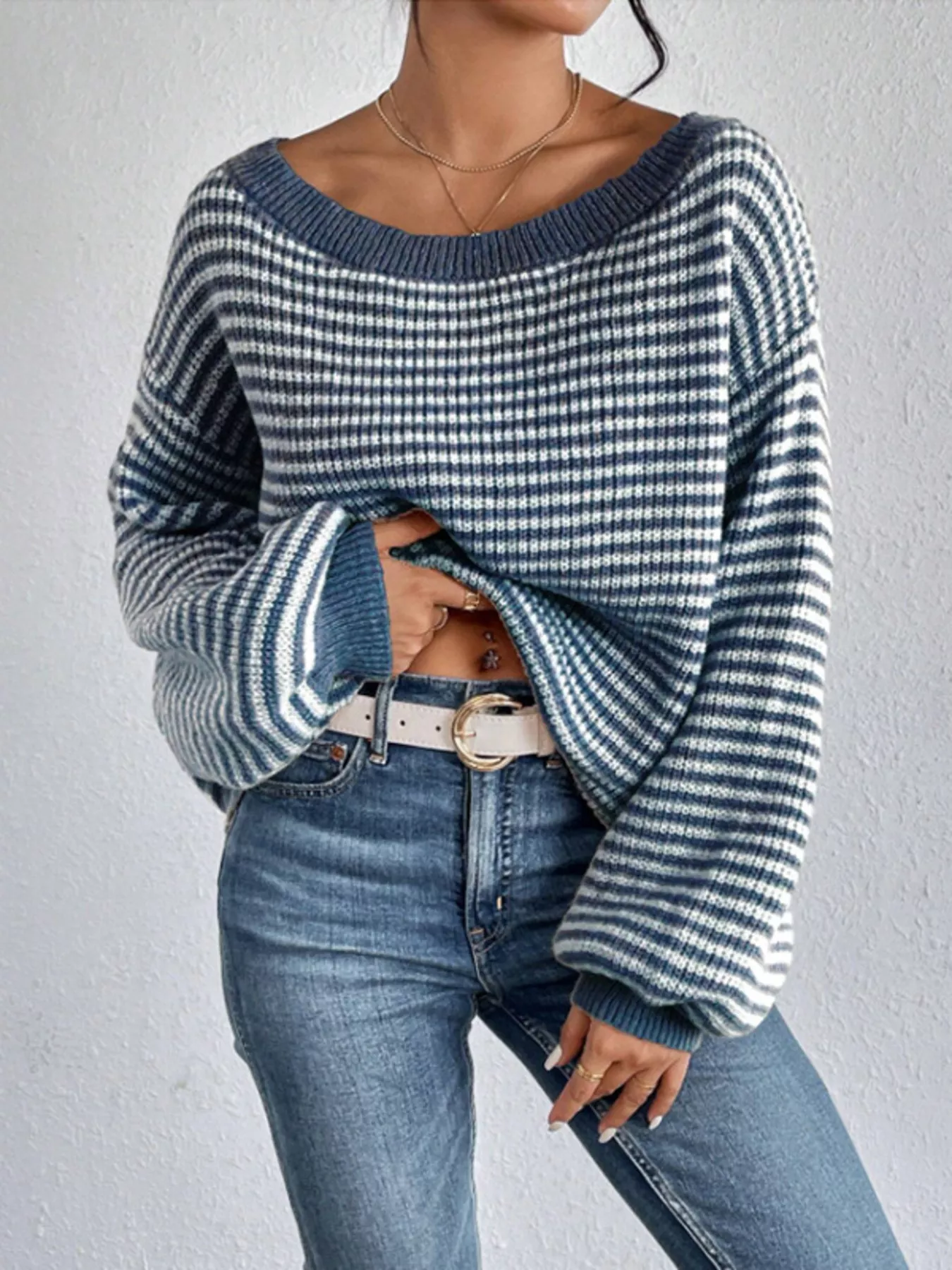 Striped Boat Neck Long Sleeve Sweater - Image 26