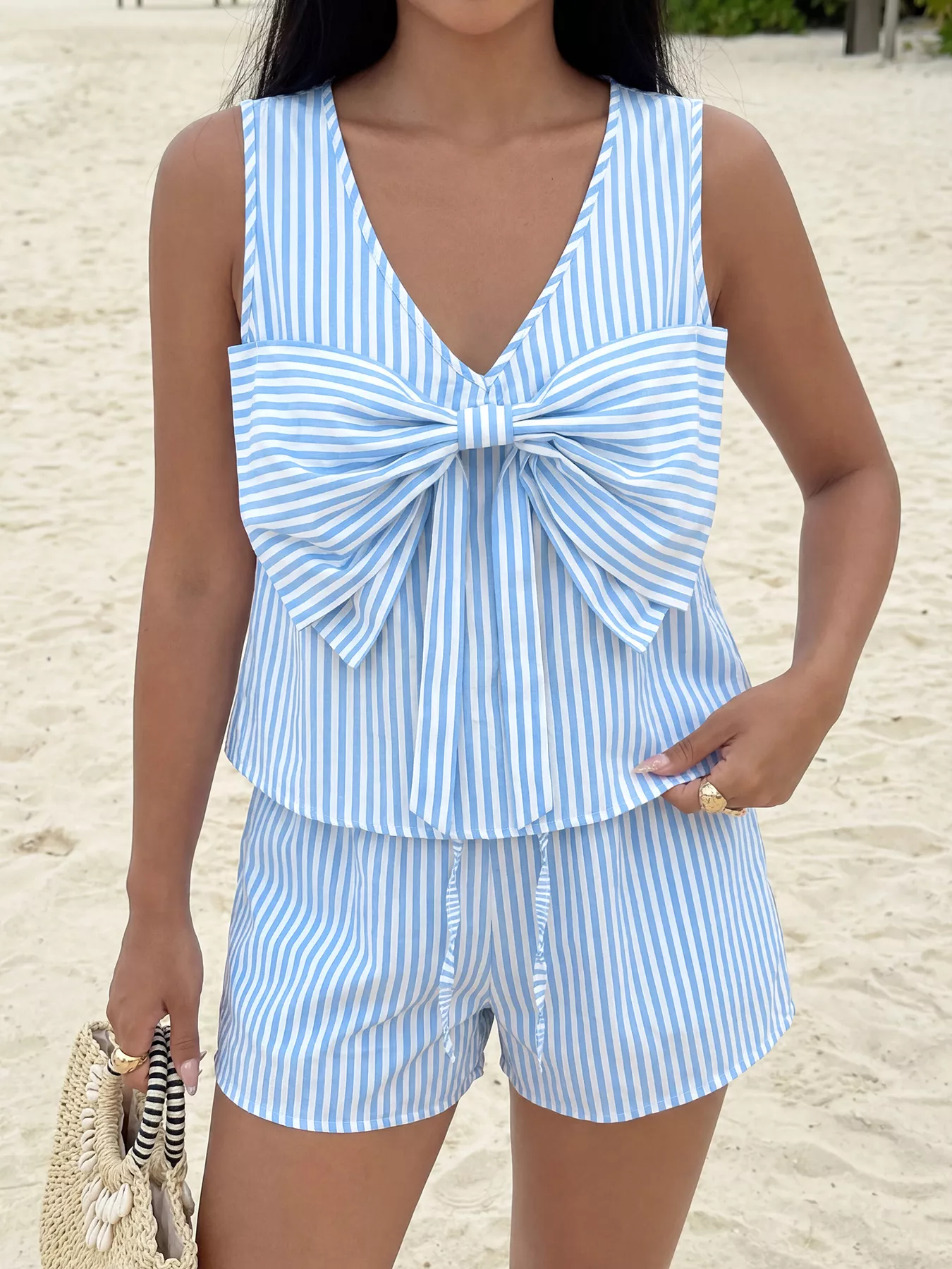 Striped Bowknot Sleeveless Top & Shorts Set - Image 2