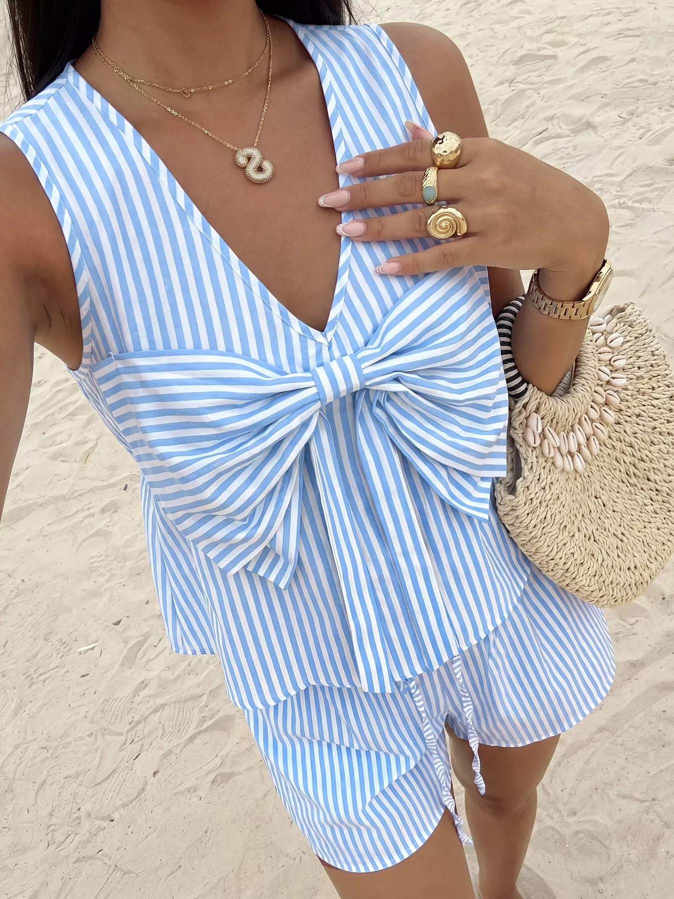 Striped Bowknot Sleeveless Top & Shorts Set - Image 5
