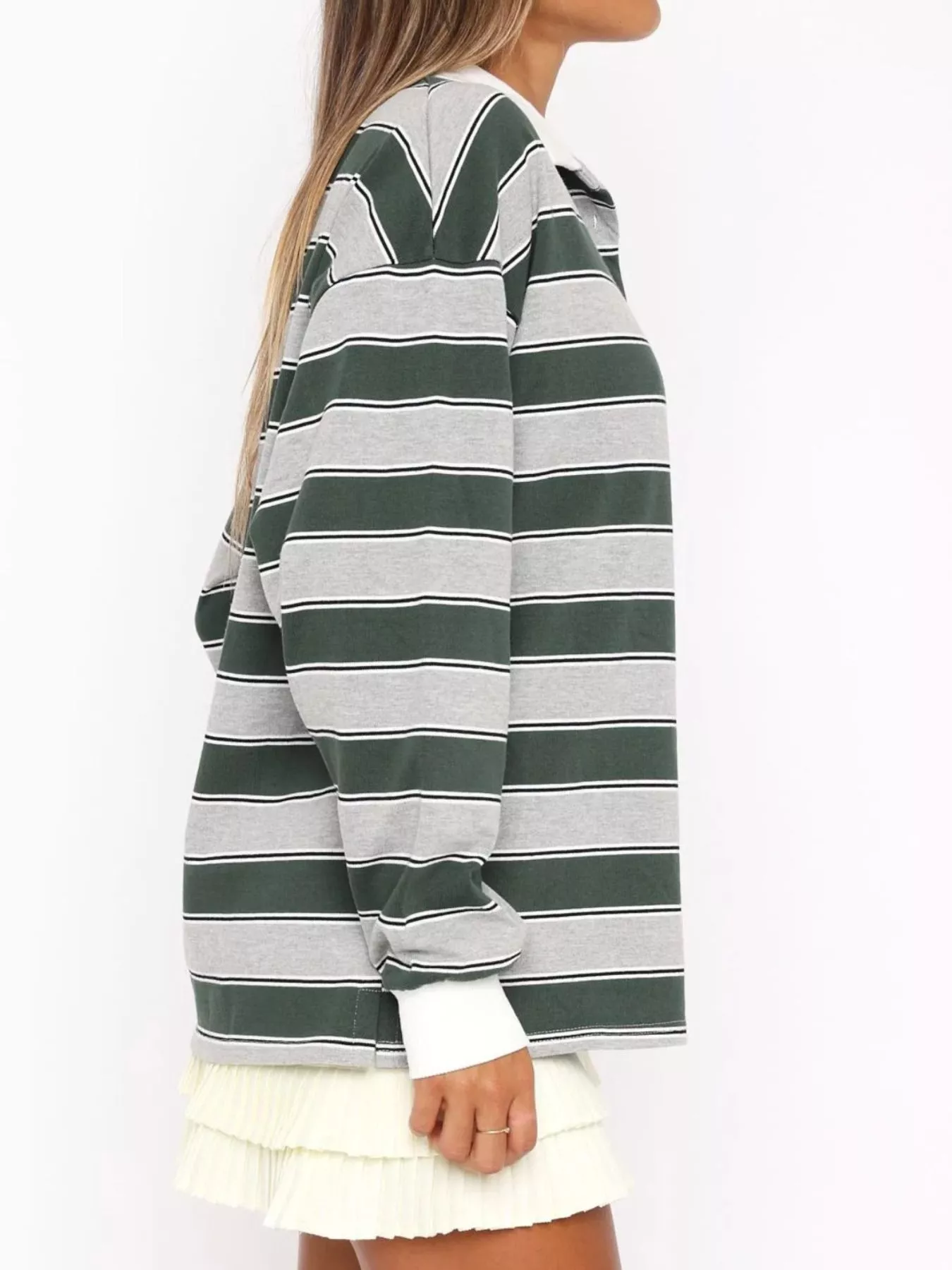 Striped Button Detail Long Sleeve Polo - Image 8