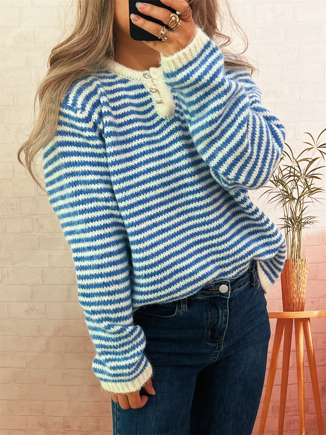 Striped Button Detail Long Sleeve Sweater - Image 10