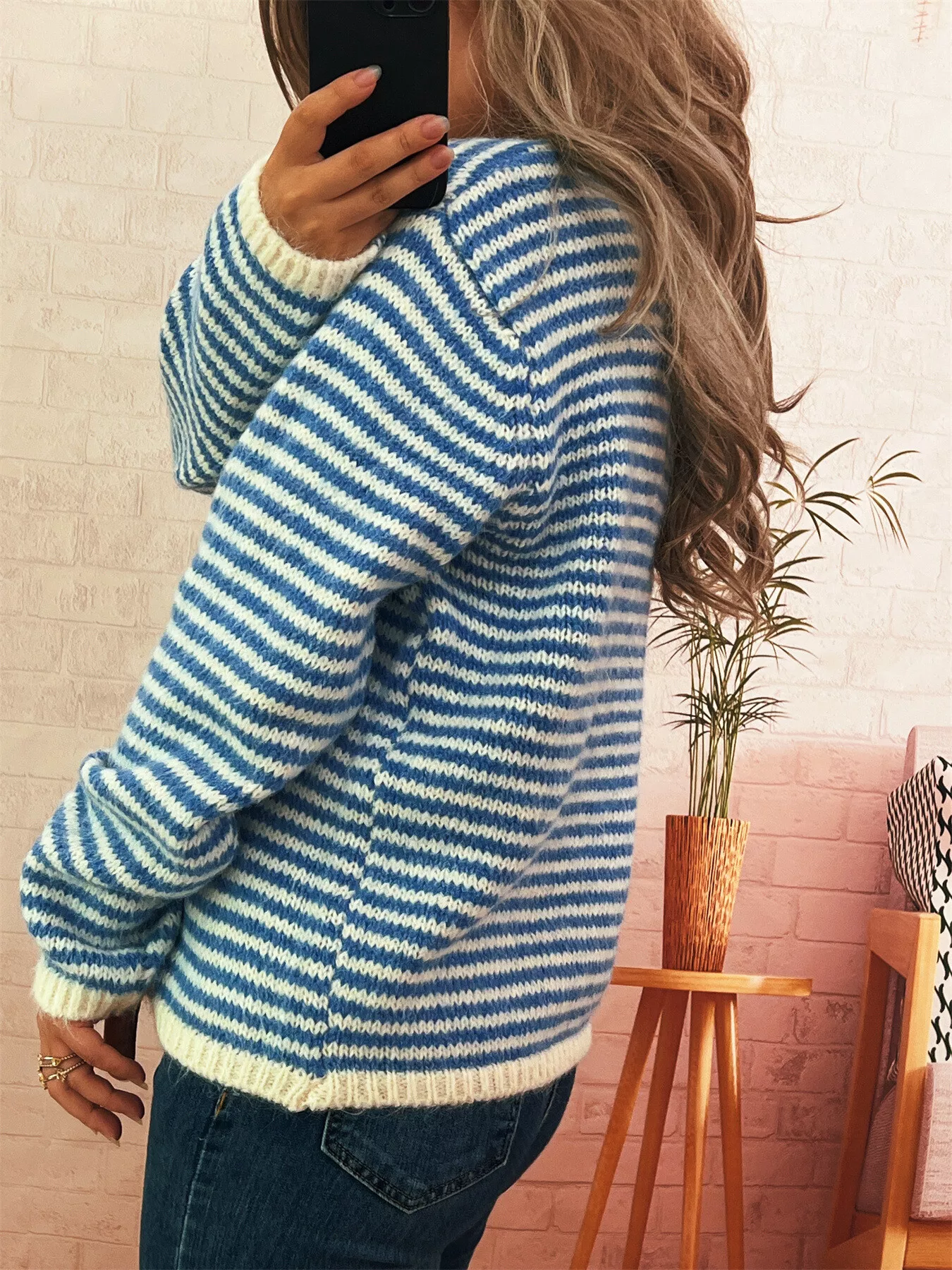 Striped Button Detail Long Sleeve Sweater - Image 13