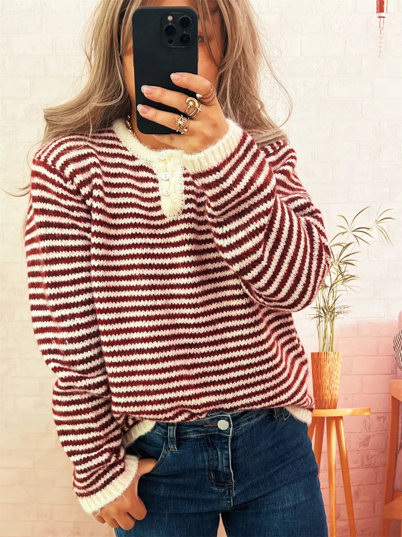 Striped Button Detail Long Sleeve Sweater - Image 3
