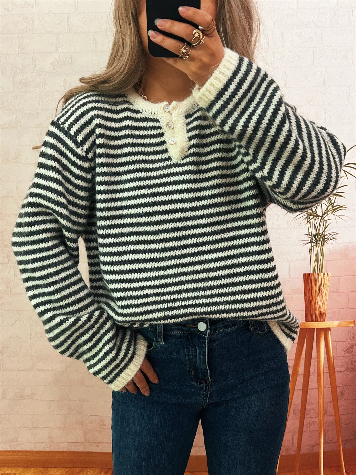 Striped Button Detail Long Sleeve Sweater - Image 5