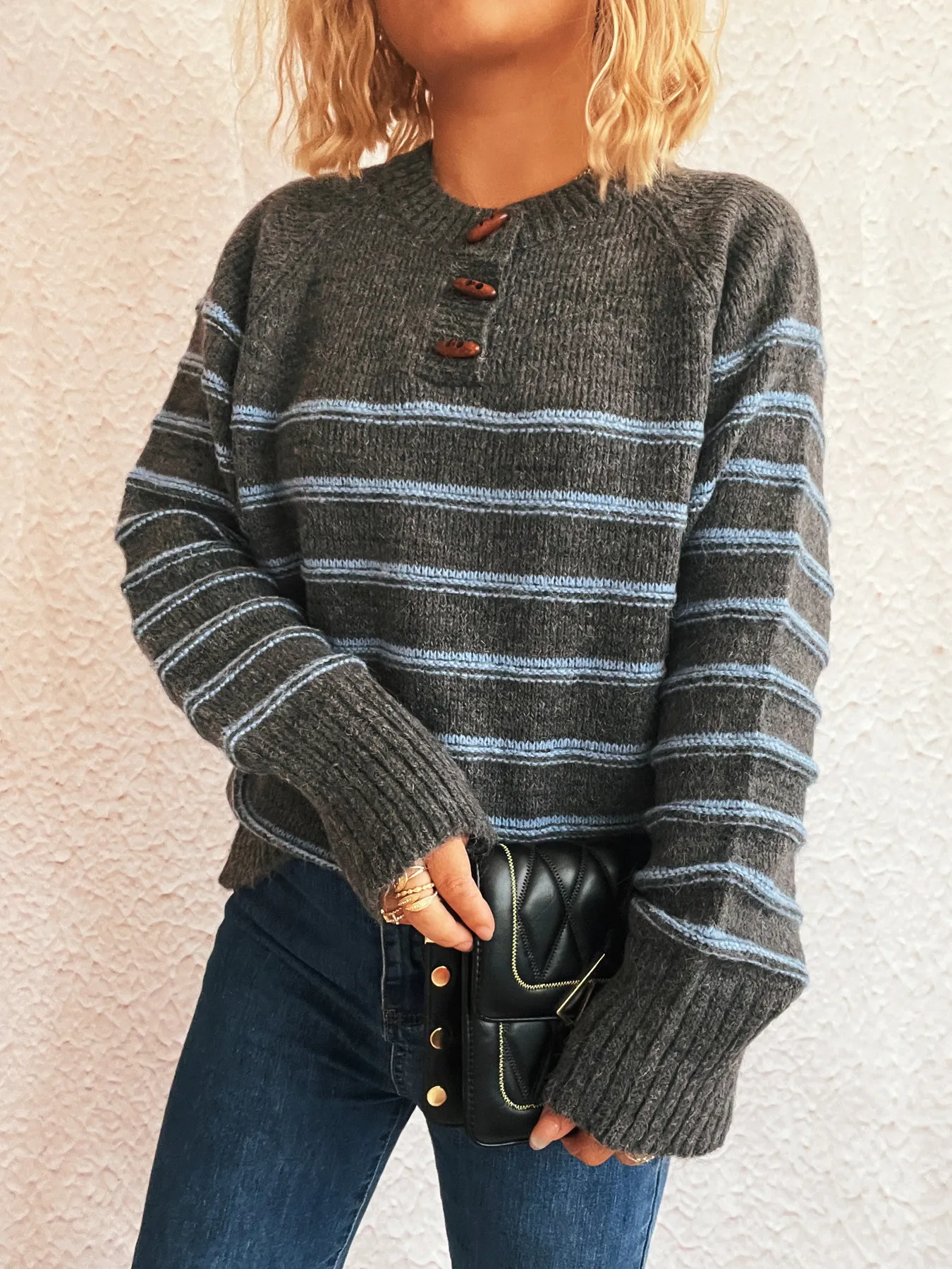 Striped Button Detail Long Sleeve Sweater - Image 17
