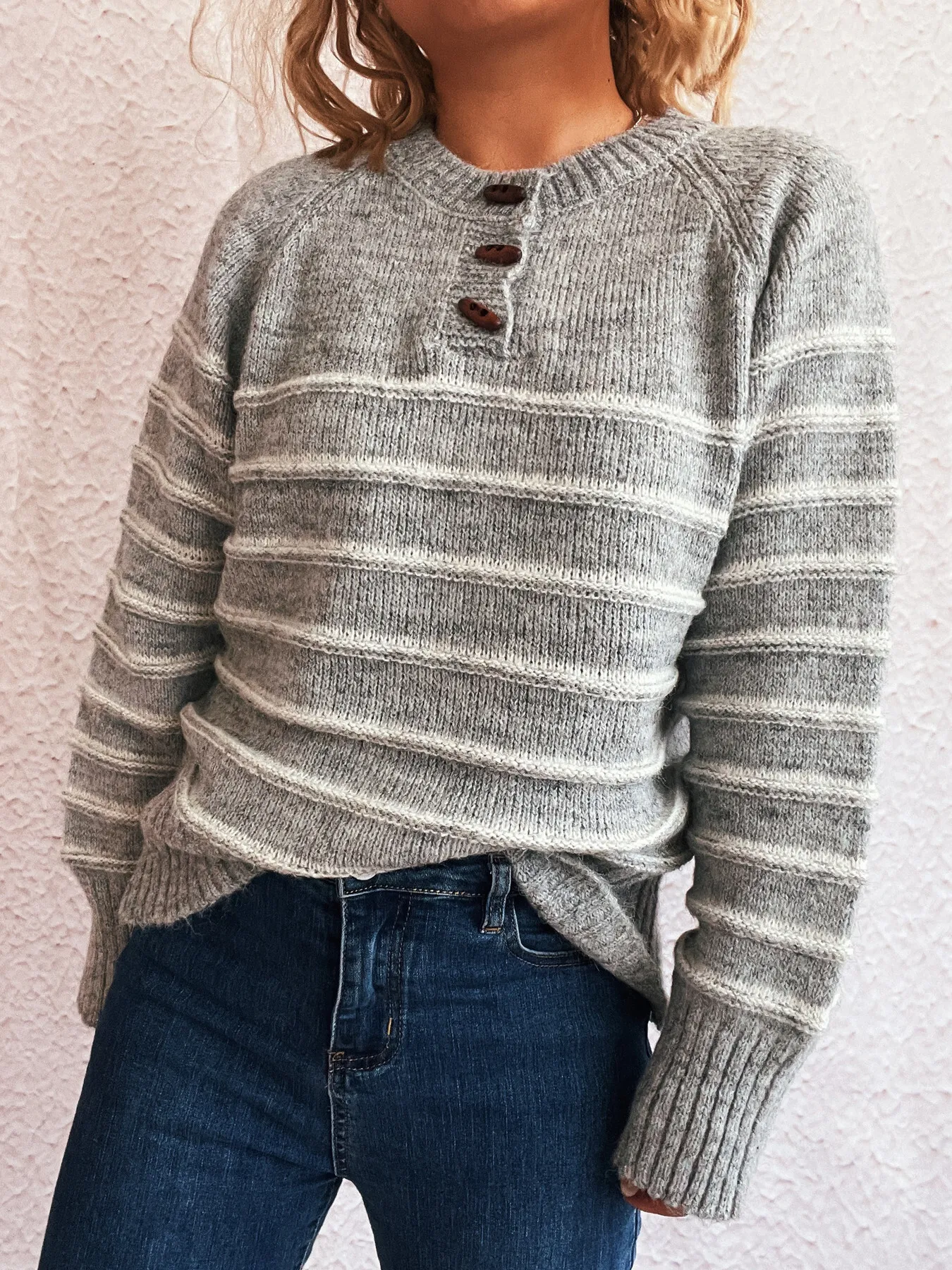 Striped Button Detail Long Sleeve Sweater - Image 21