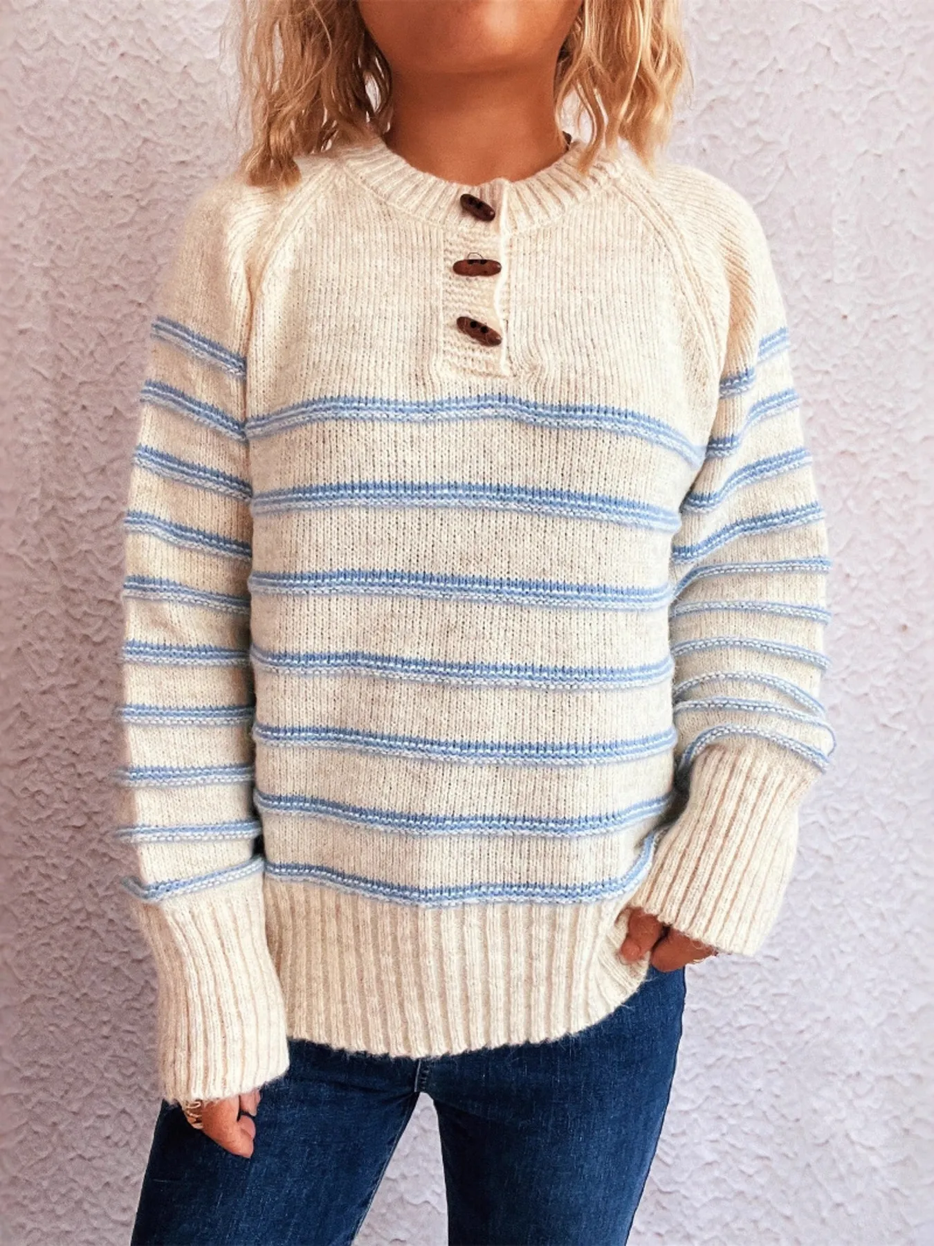 Striped Button Detail Long Sleeve Sweater - Image 3