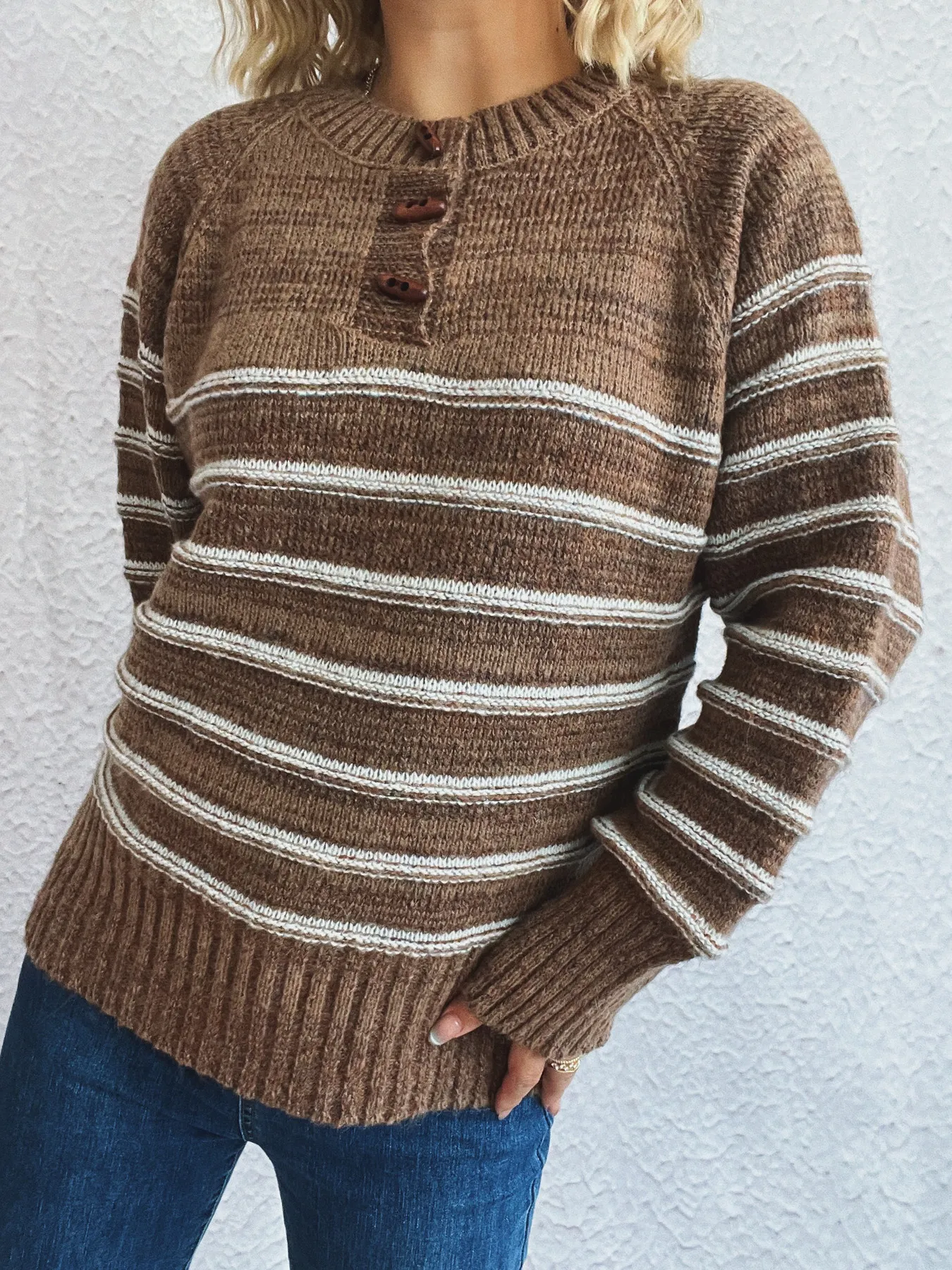 Striped Button Detail Long Sleeve Sweater - Image 8
