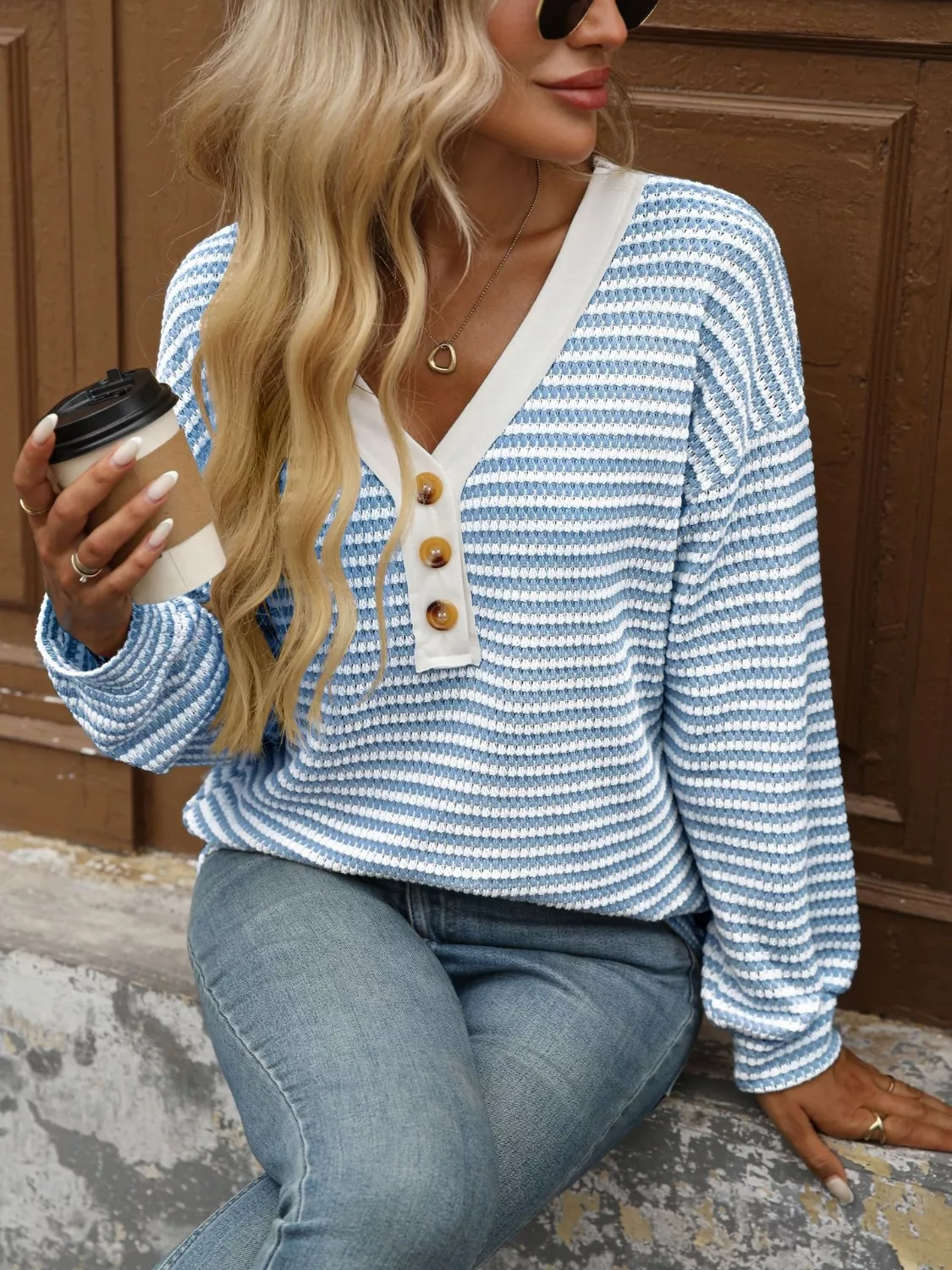Striped Button Detail Long Sleeve T-Shirt - Image 20