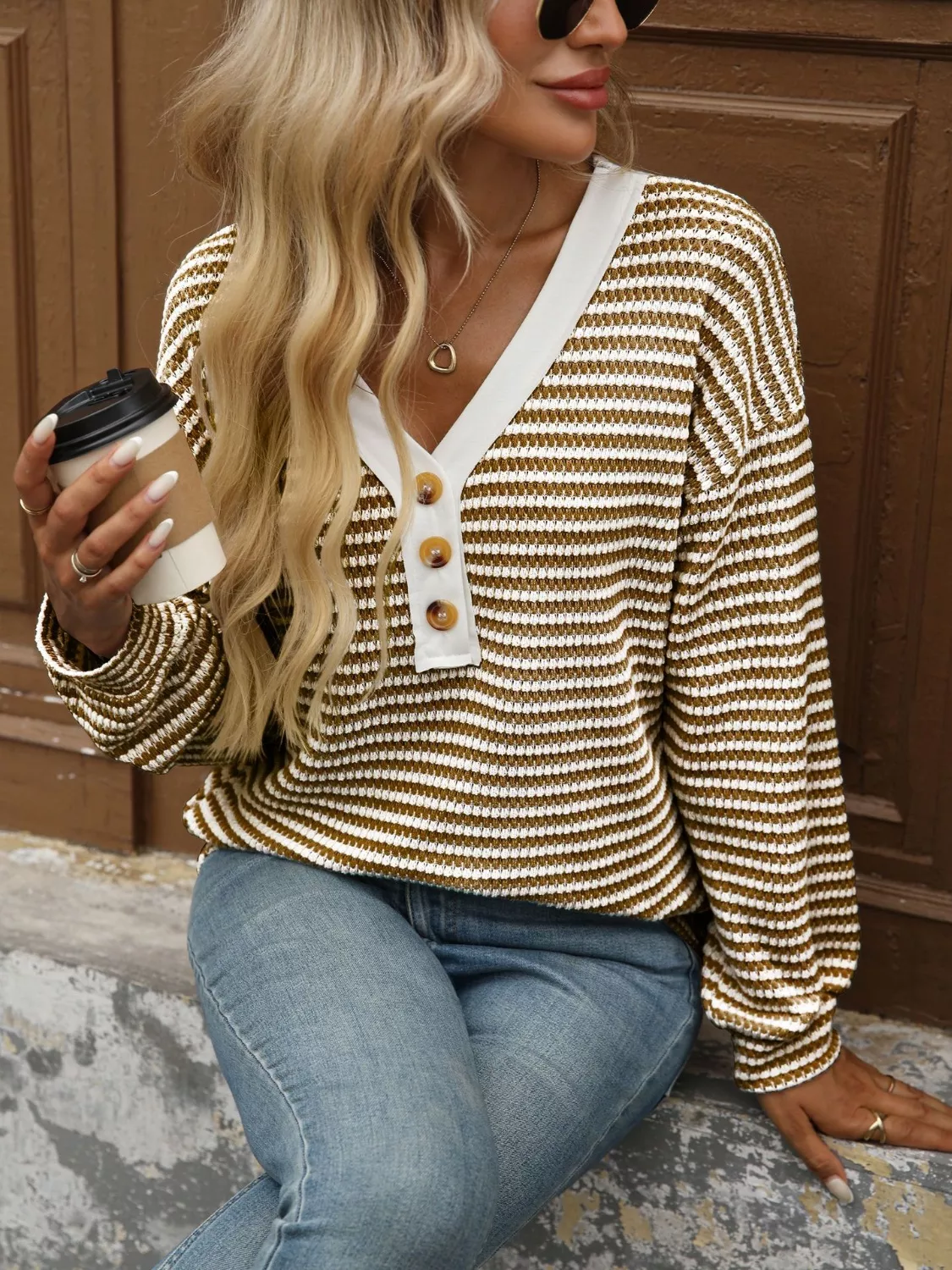 Striped Button Detail Long Sleeve T-Shirt - Image 25