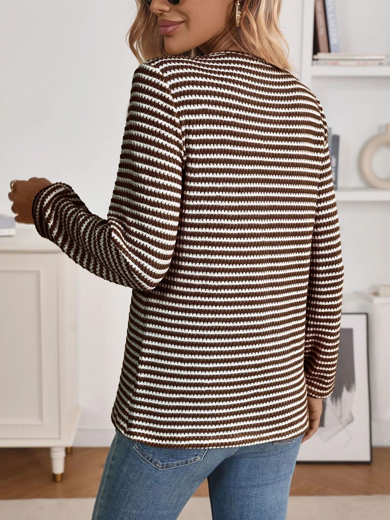 Striped Button Detail Long Sleeve Top - Image 7