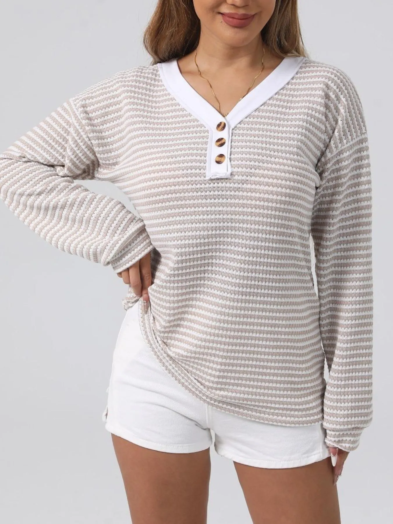 Striped Button Detail Long Sleeve Top - Image 6