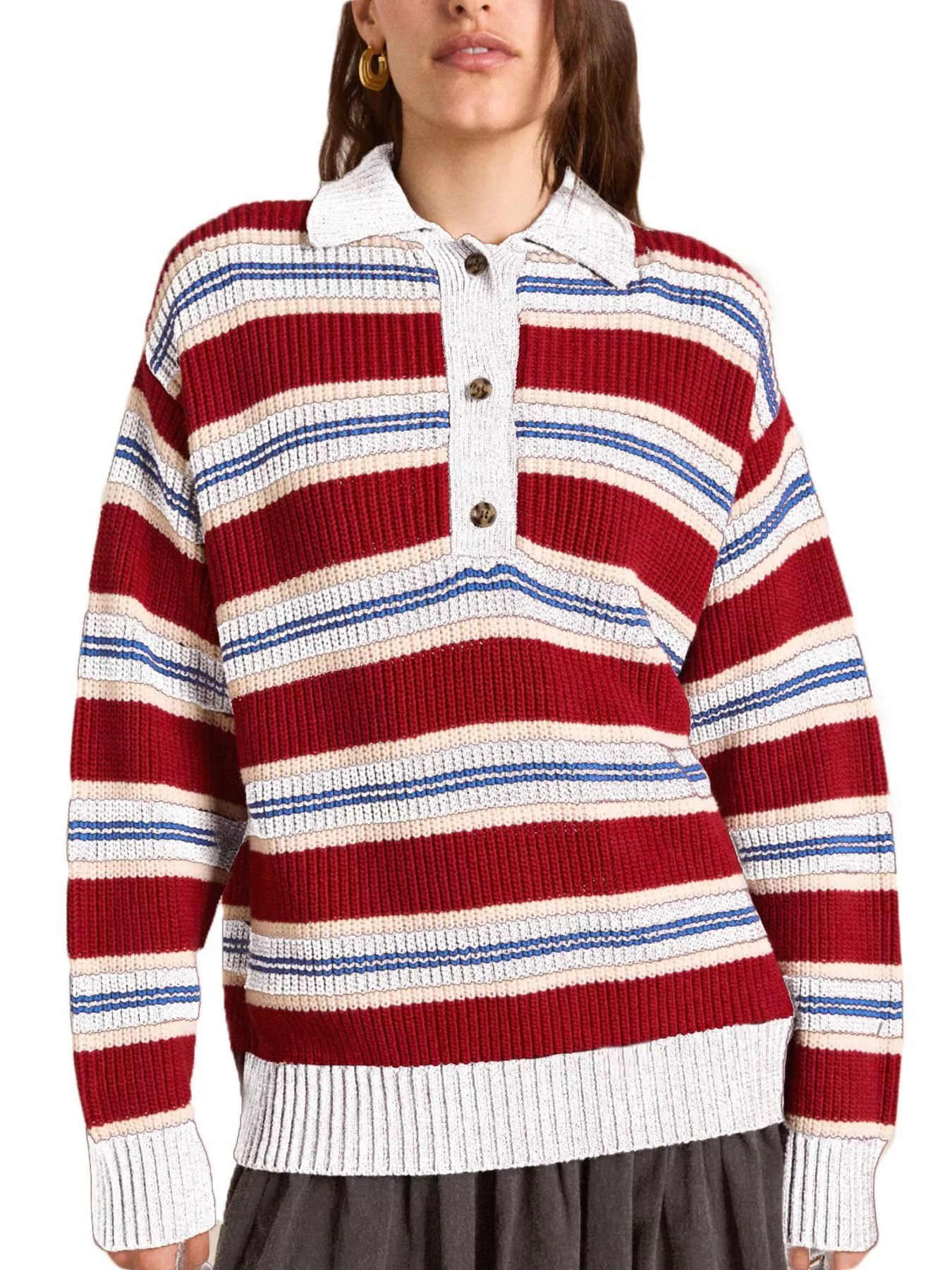 Striped Button Detail Polo Collar Sweater - Image 11