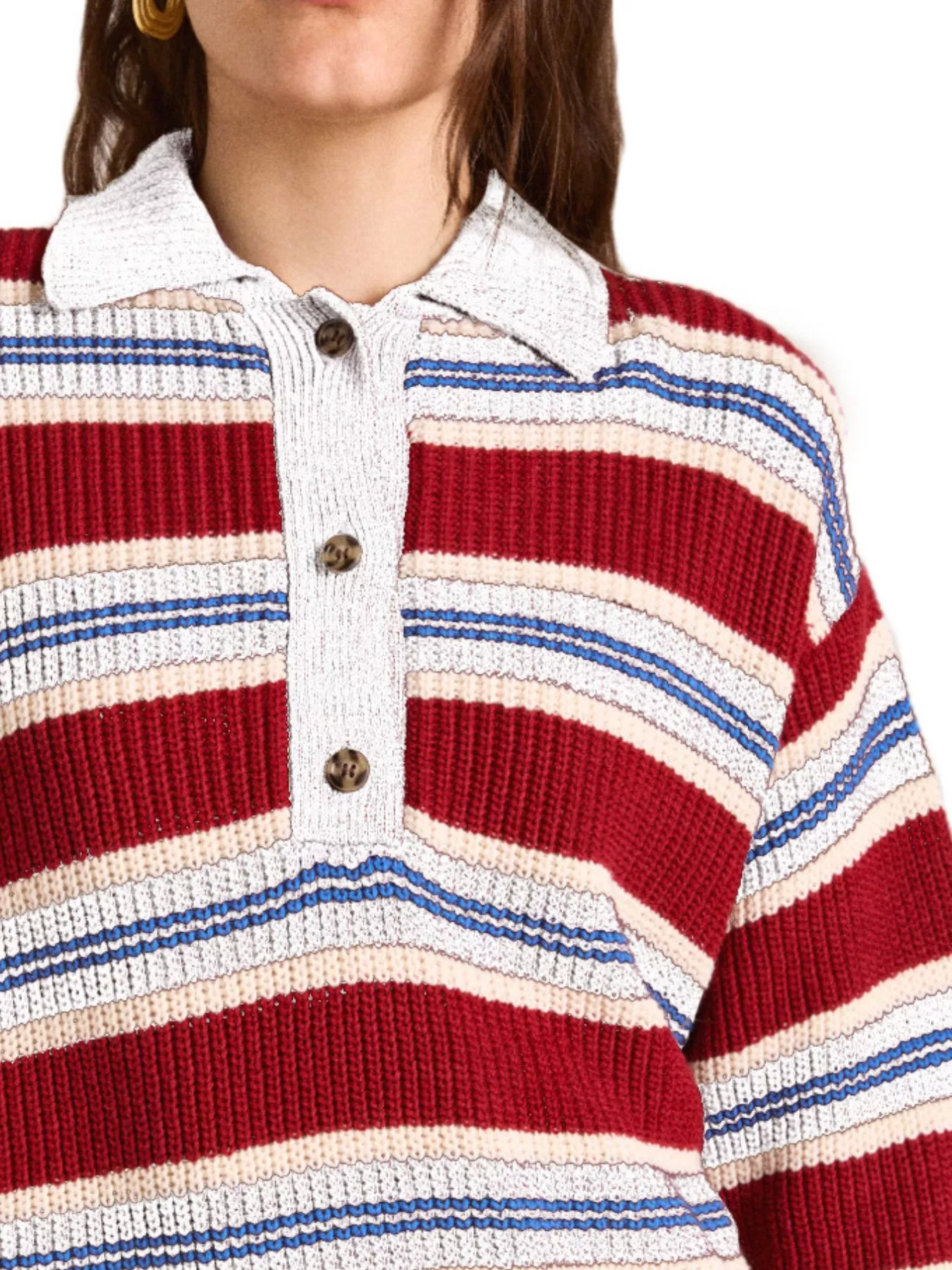 Striped Button Detail Polo Collar Sweater - Image 12