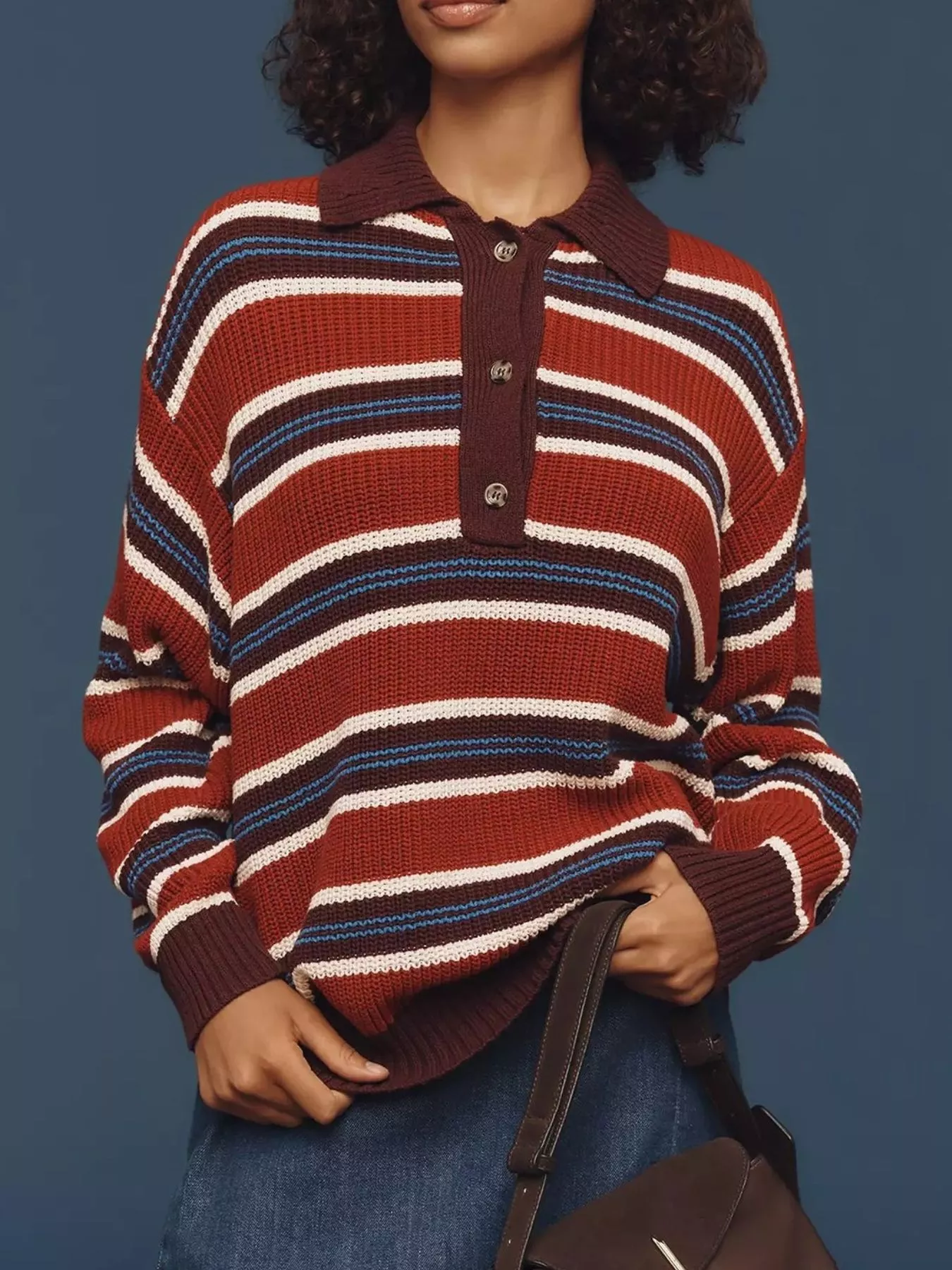 Striped Button Detail Polo Collar Sweater - Image 4