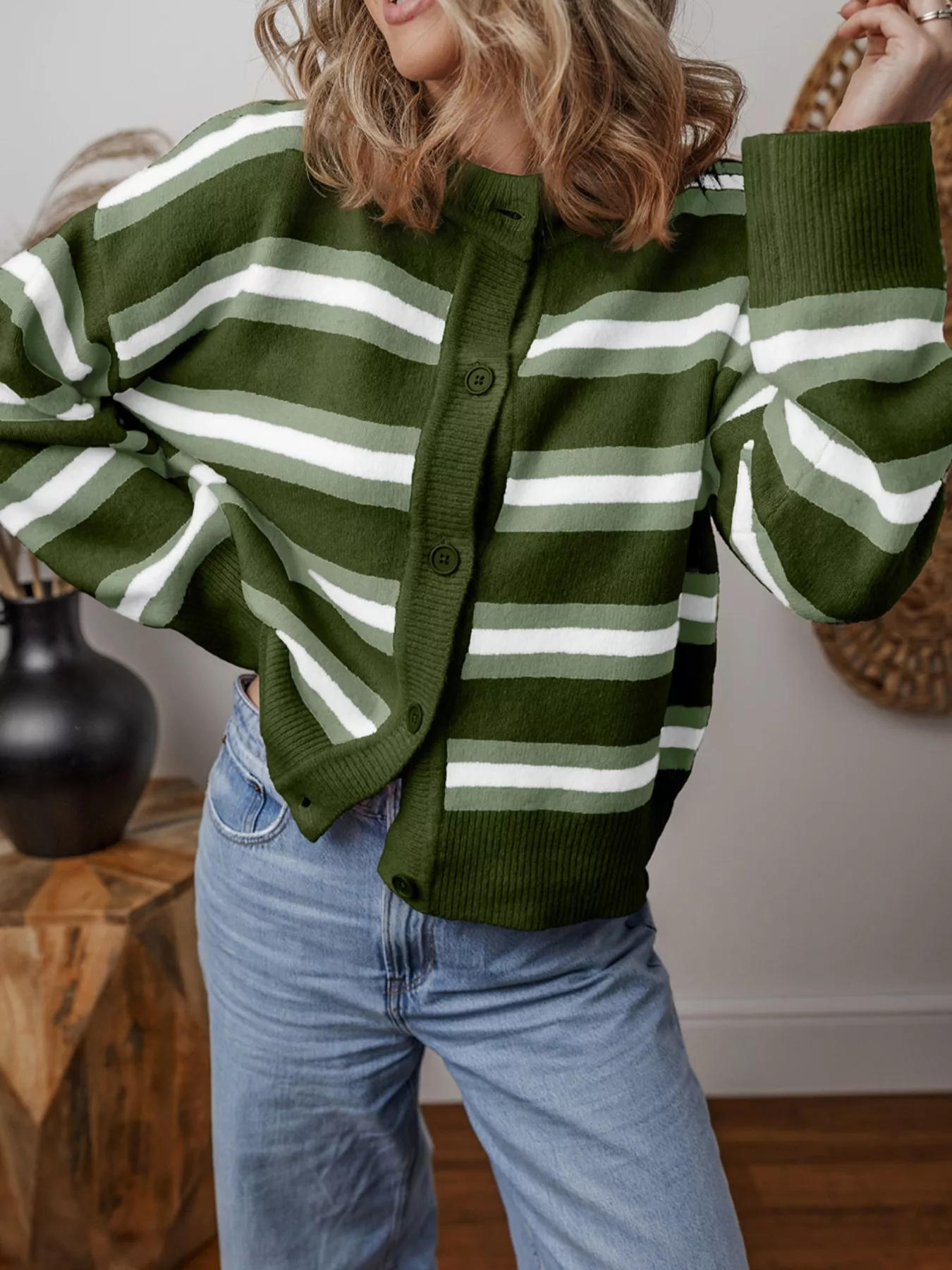 Striped Button-Down Knit Cardigan - Image 3