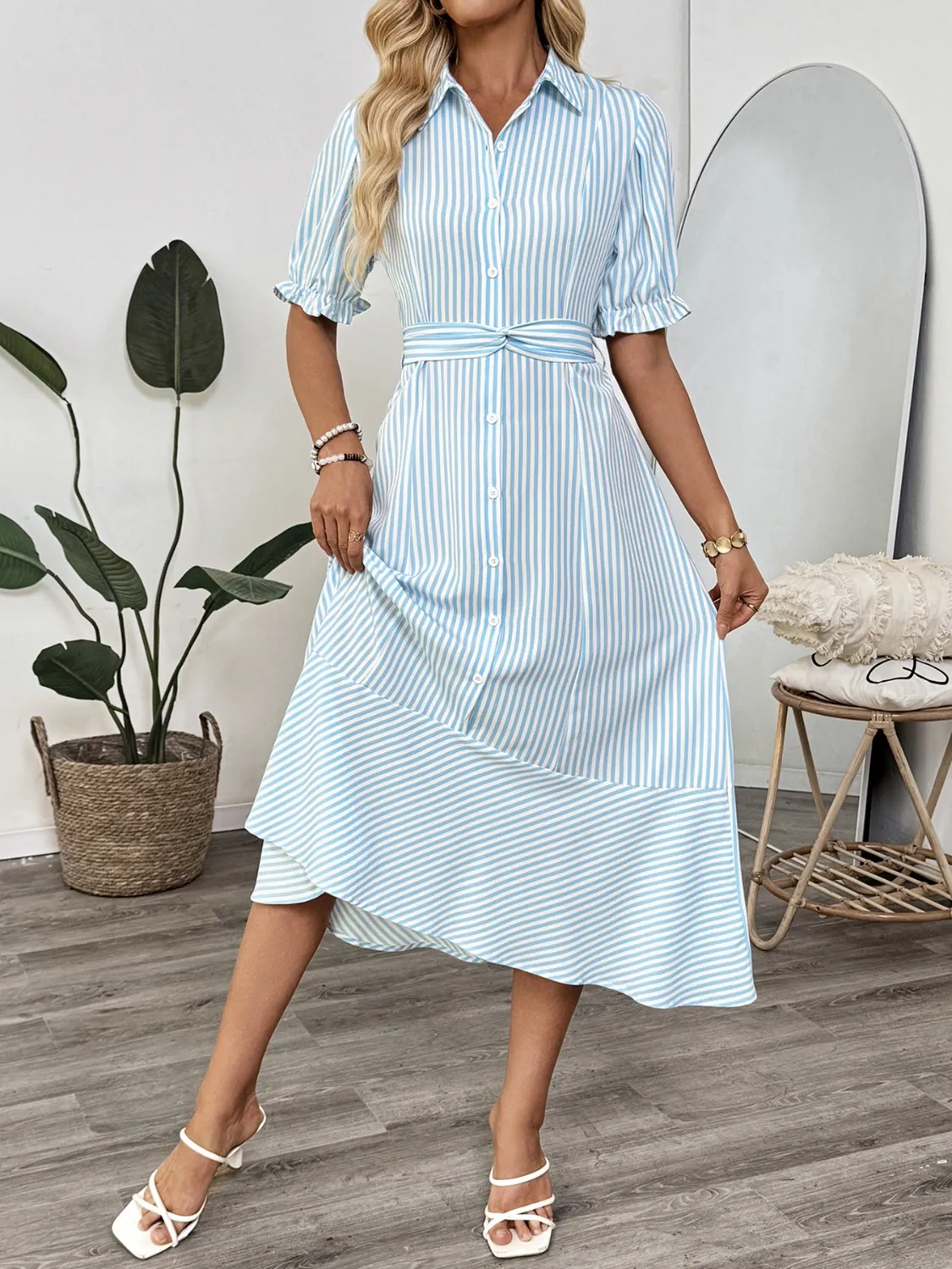 Striped Button-Down Midi Shirt Dress with Ruffle Sleeves - Image 3