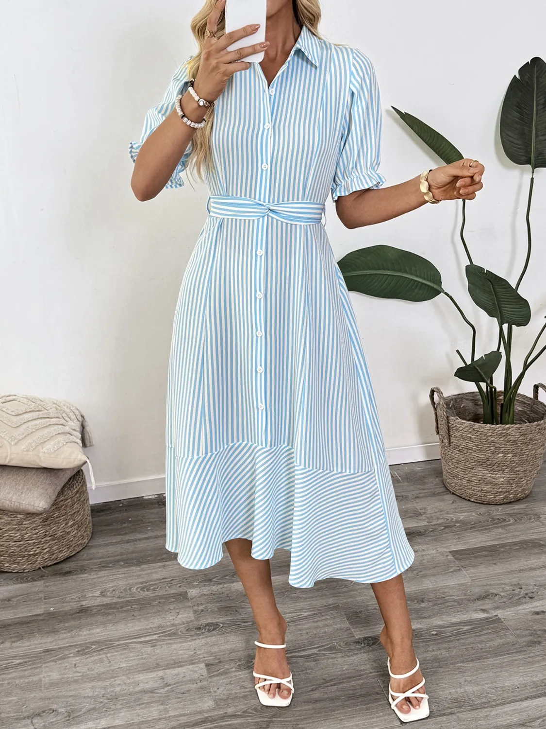 Striped Button-Down Midi Shirt Dress with Ruffle Sleeves - Image 6