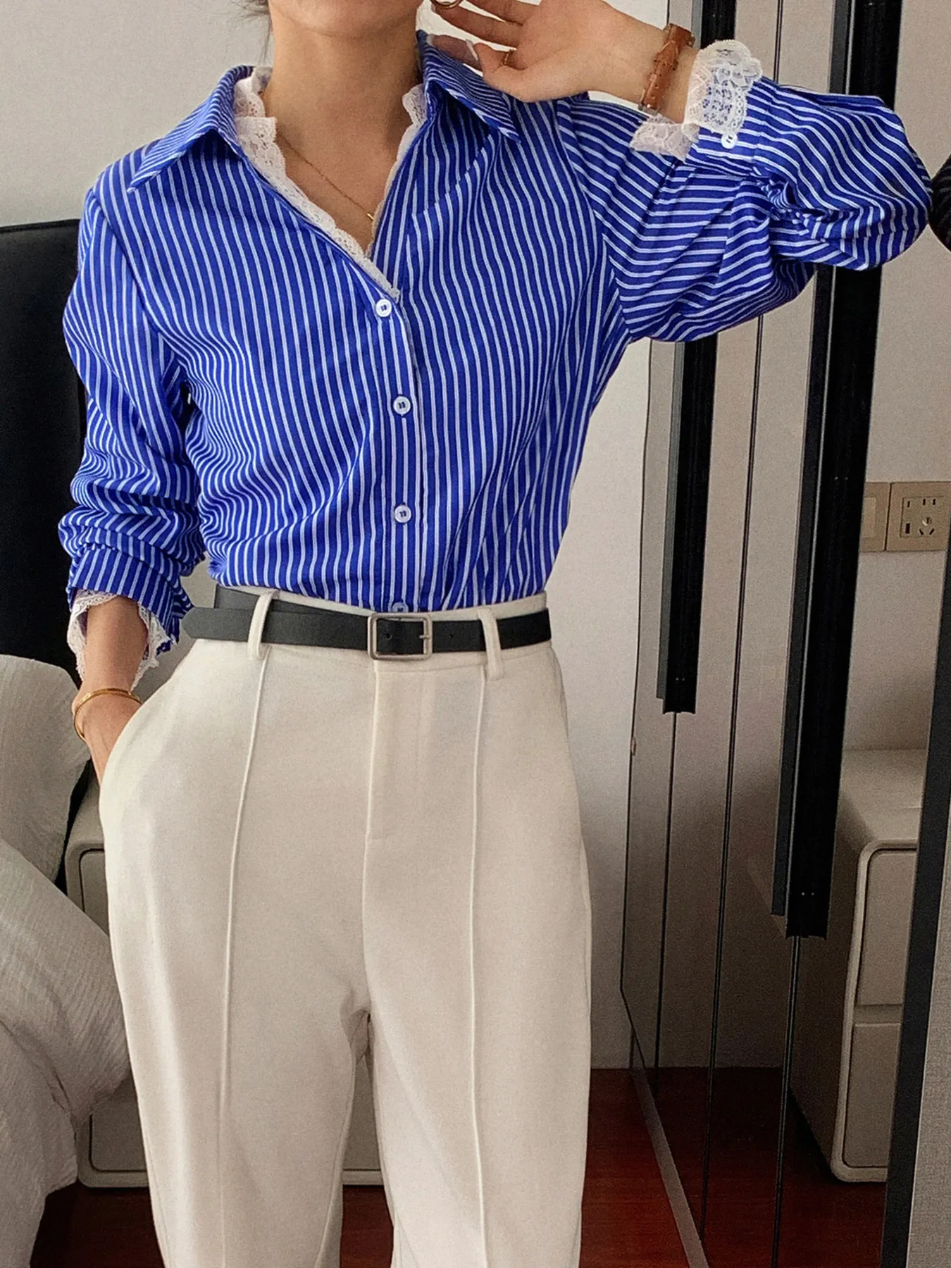 Striped Button-Down Shirt with Lace Detail - Image 3