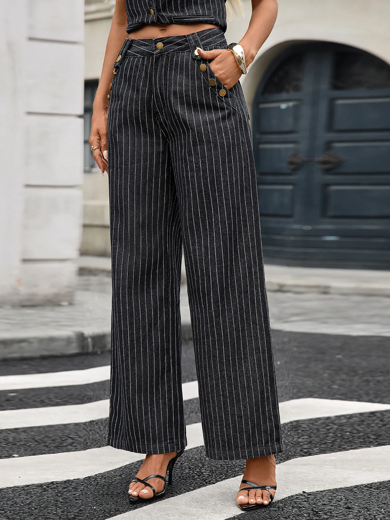 Striped Button Down Tank and Pants Denim Set - Image 5