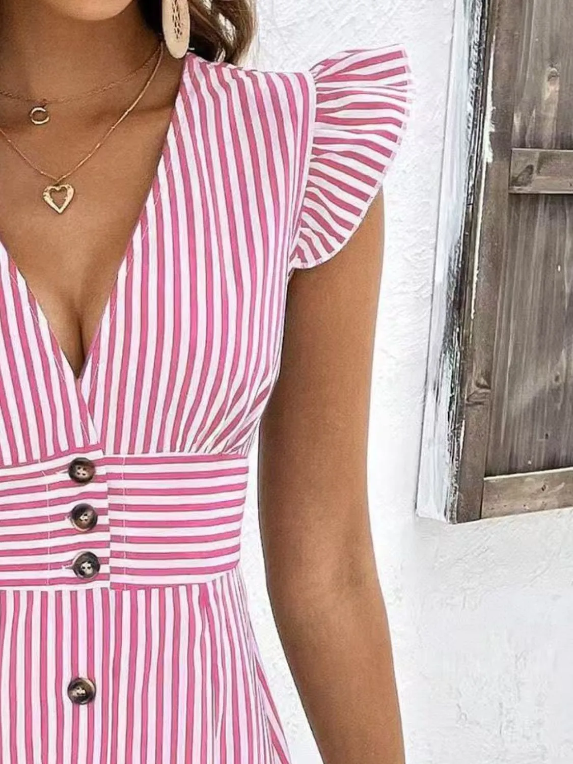 Striped Button Front Cap Sleeve Dress - Image 12