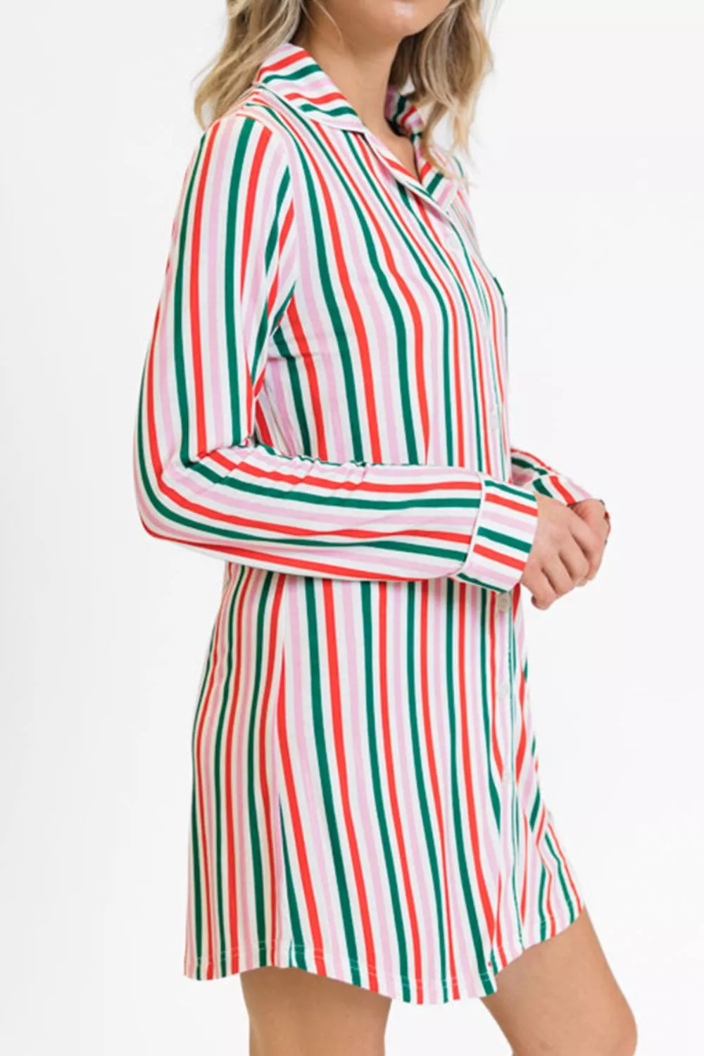 Striped Button Front Long Sleeve Shirt Dress - Image 4