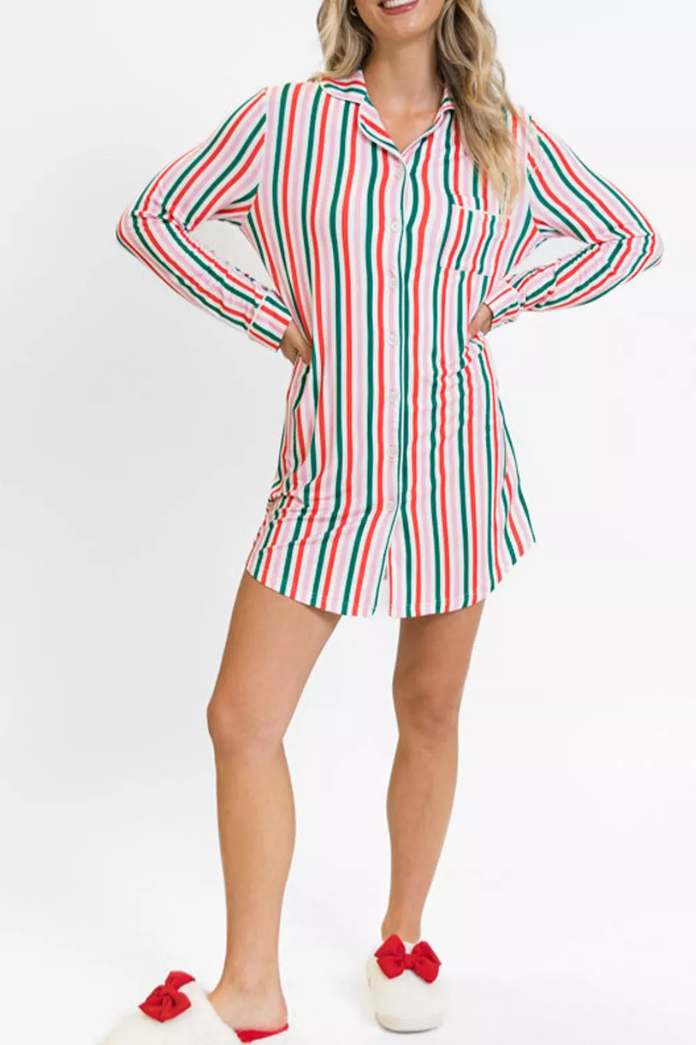 Striped Button Front Long Sleeve Shirt Dress - Image 5