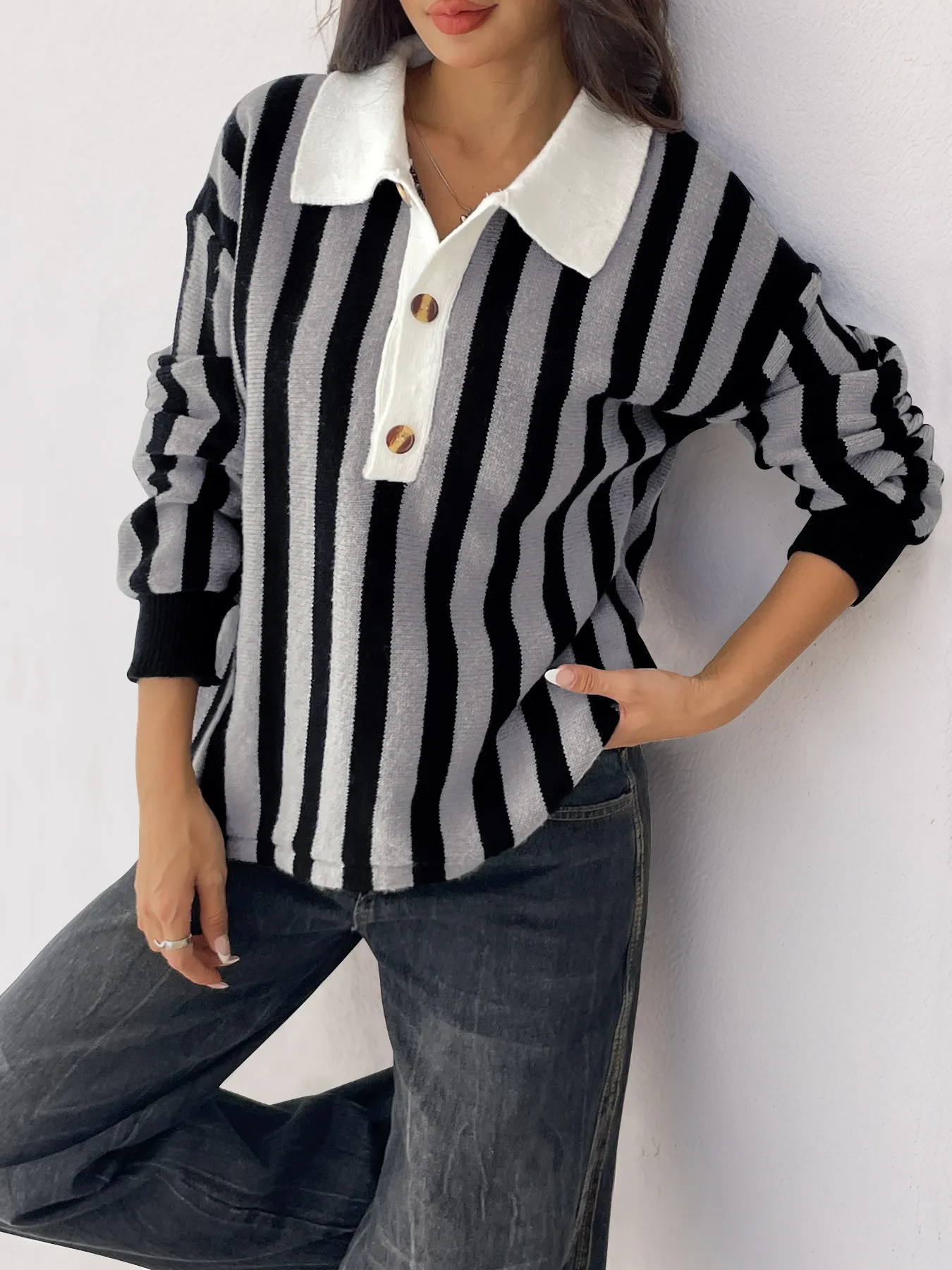 Striped Button Front Long Sleeve Sweater - Image 2