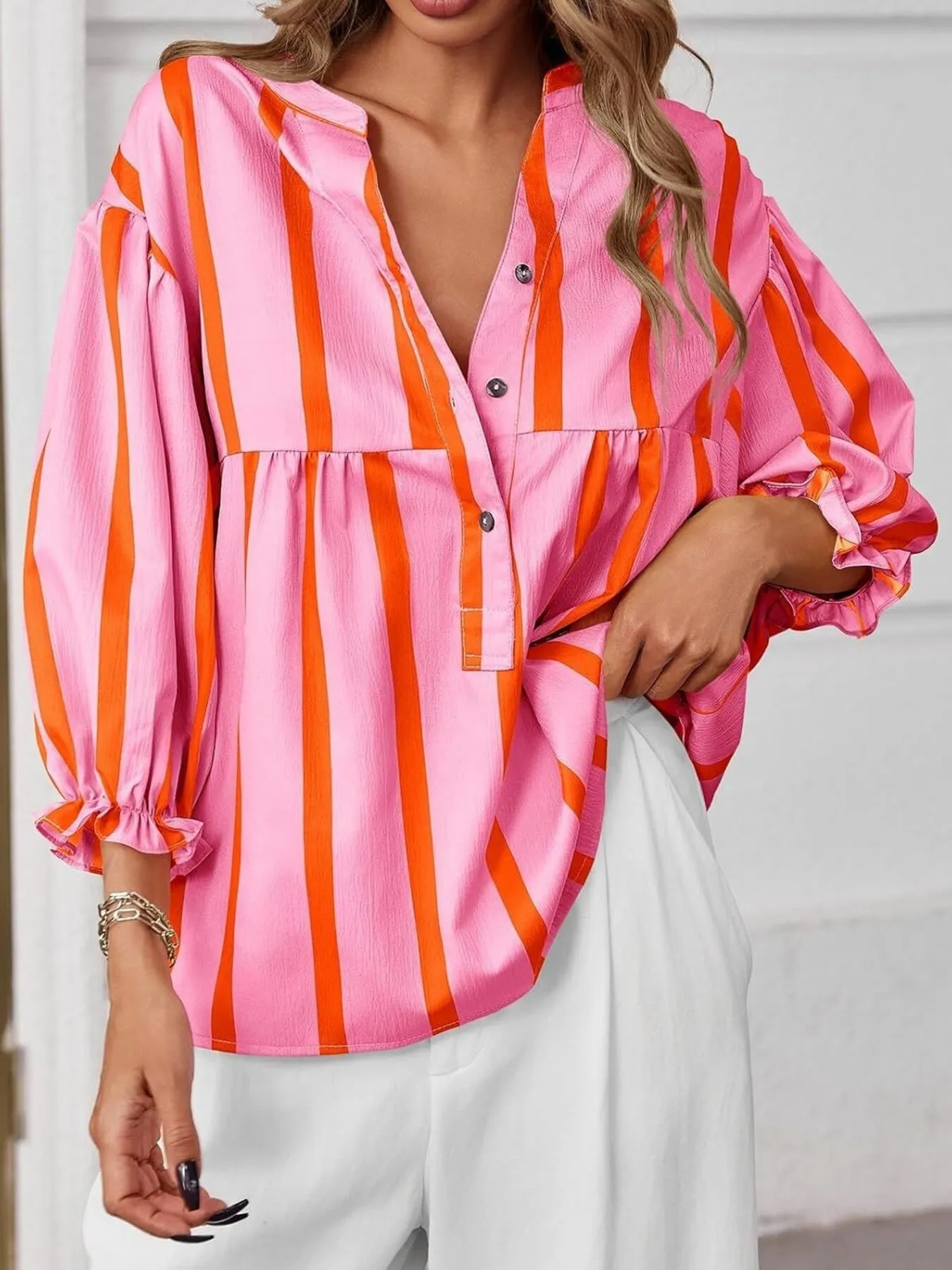 Striped Button Front Notched Blouse - Image 10