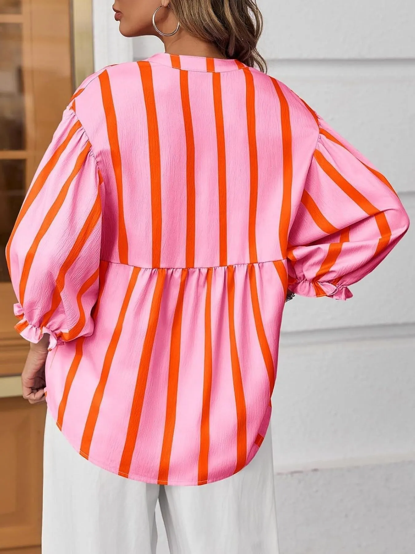 Striped Button Front Notched Blouse - Image 11