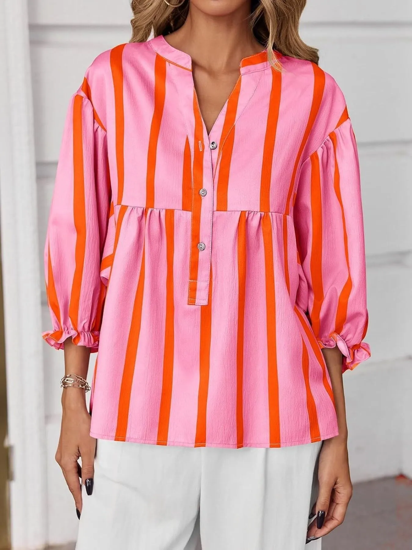 Striped Button Front Notched Blouse - Image 12