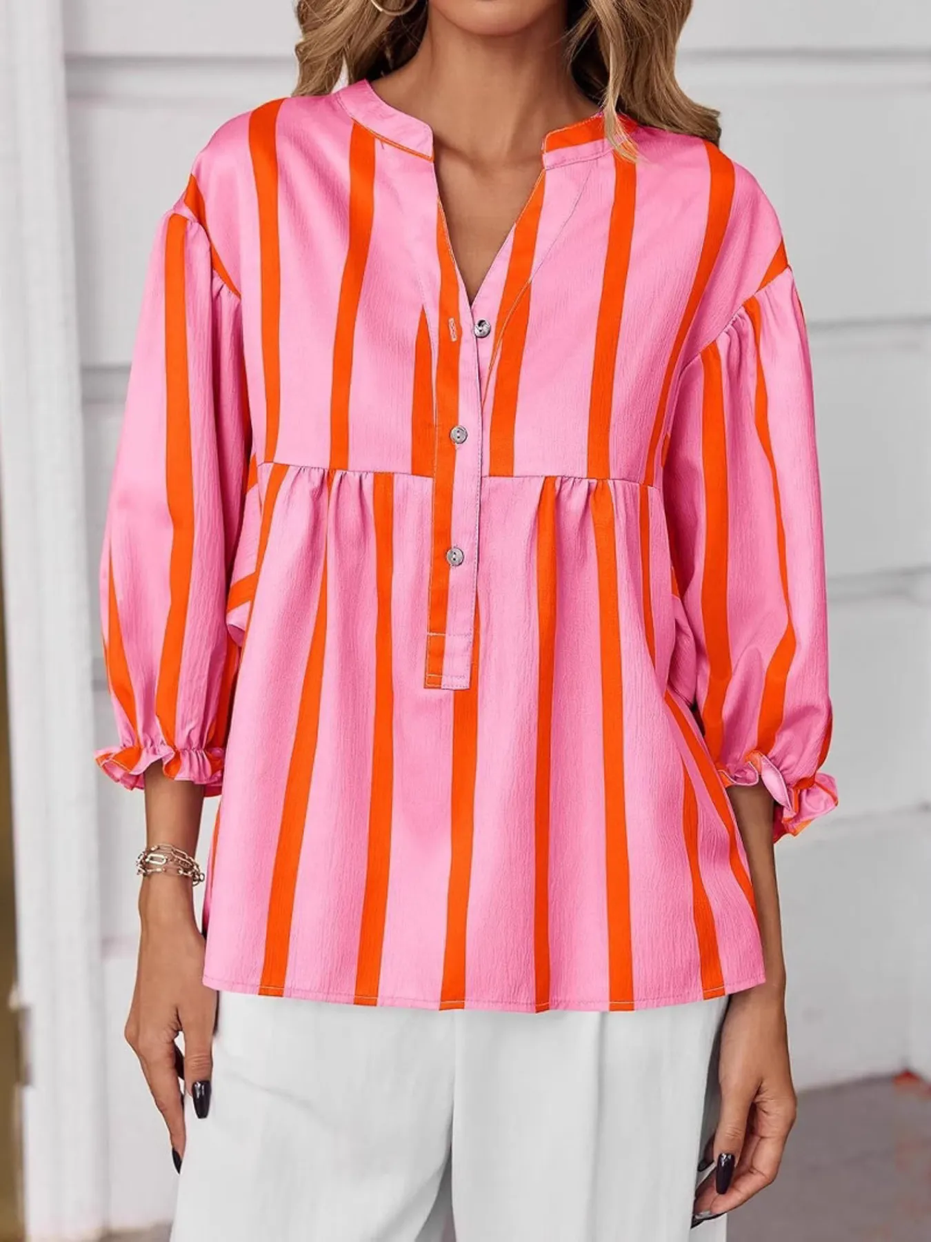 Striped Button Front Notched Blouse - Image 14