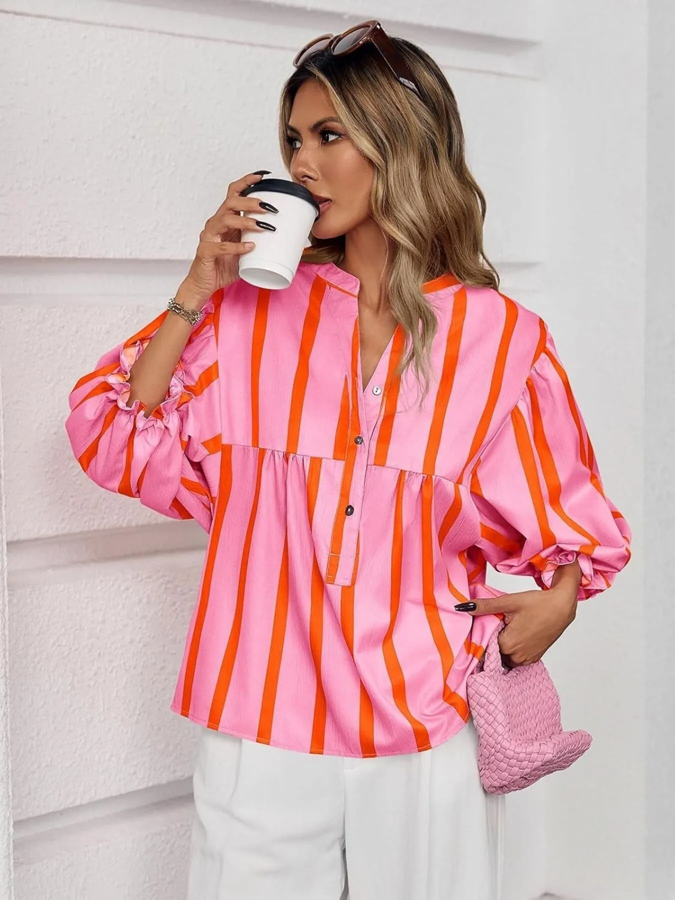 Striped Button Front Notched Blouse - Image 15