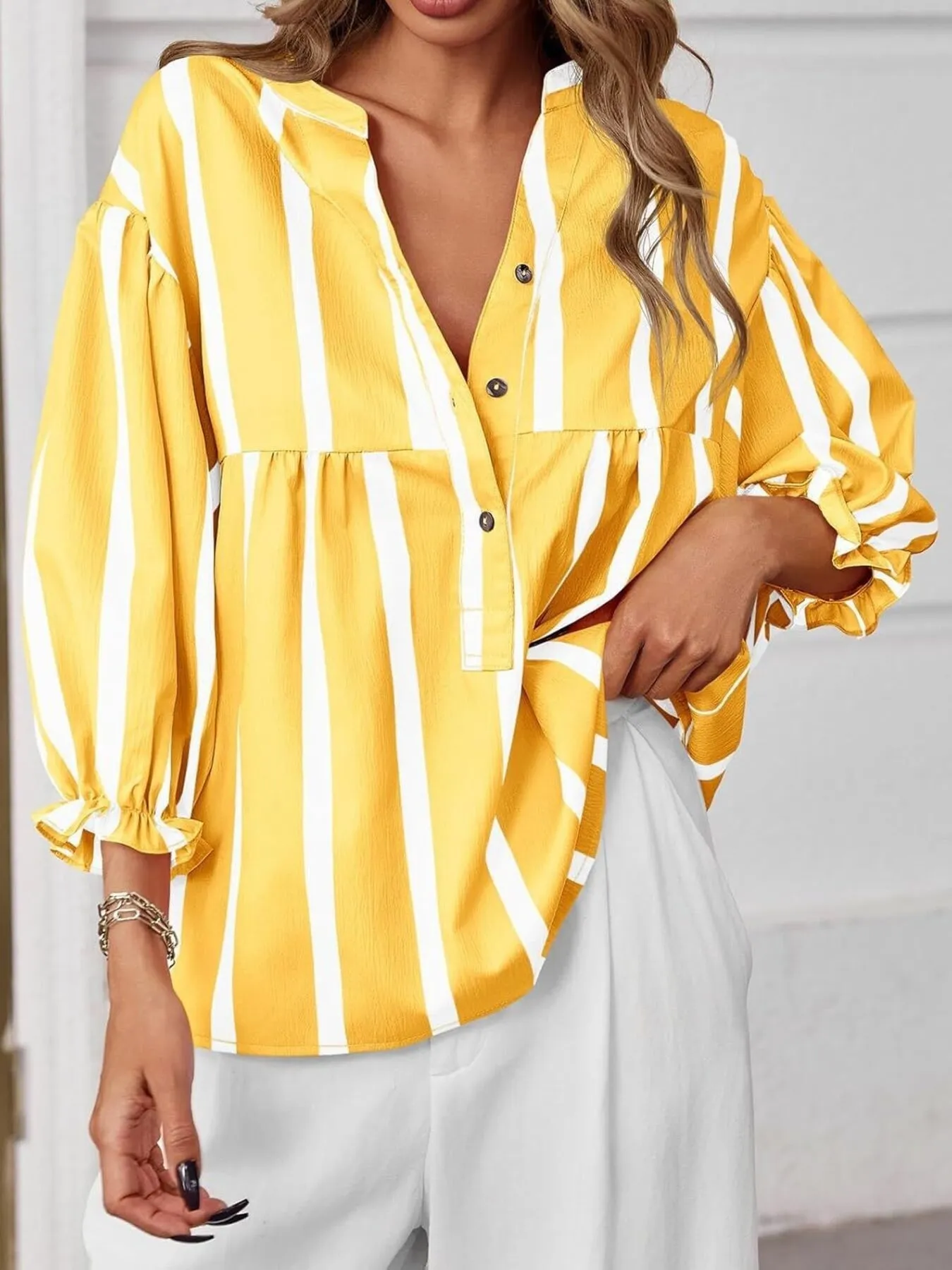 Striped Button Front Notched Blouse - Image 16
