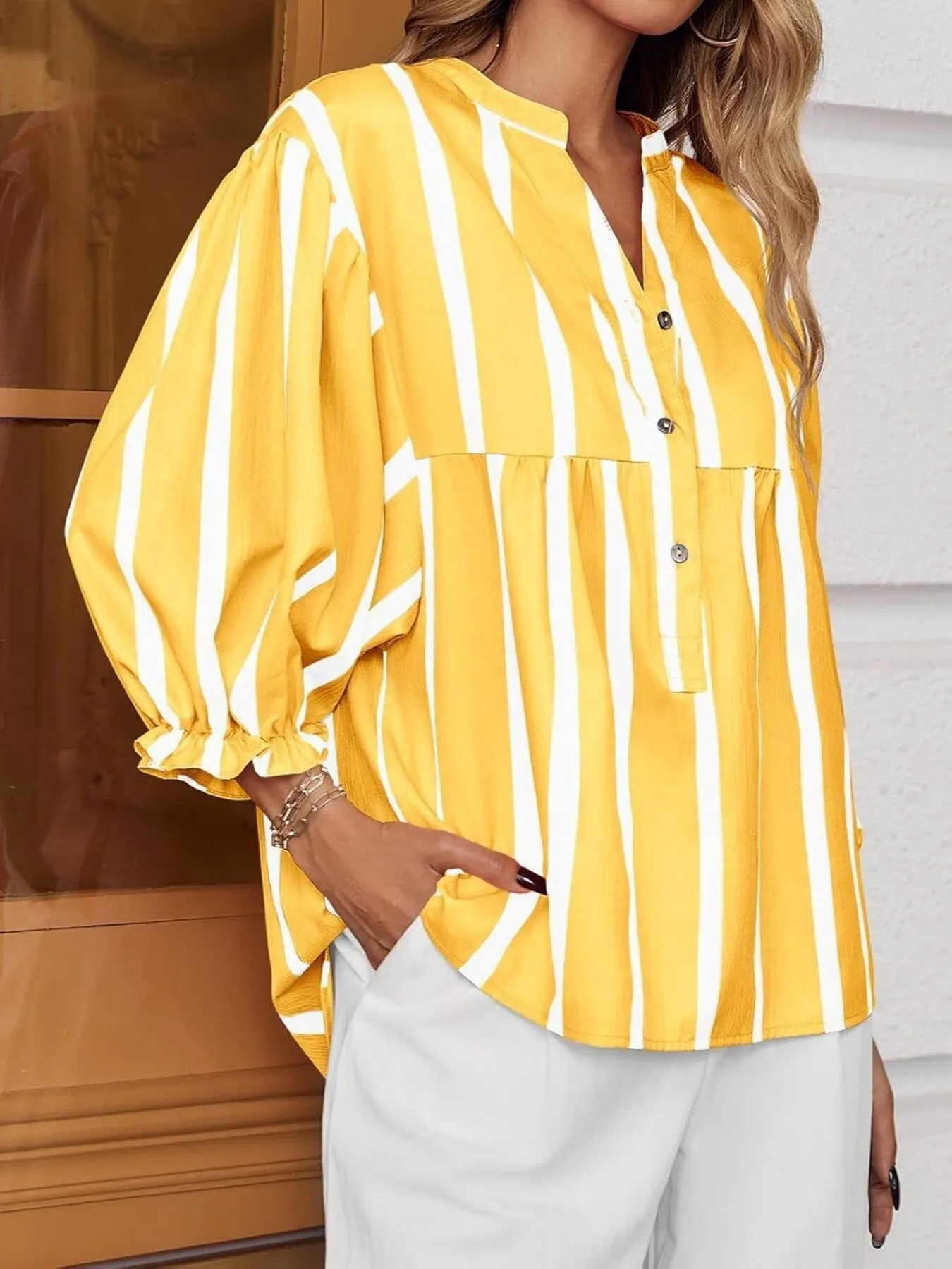 Striped Button Front Notched Blouse - Image 18