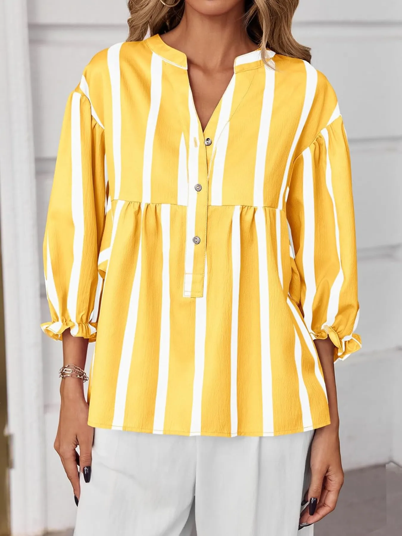 Striped Button Front Notched Blouse - Image 19