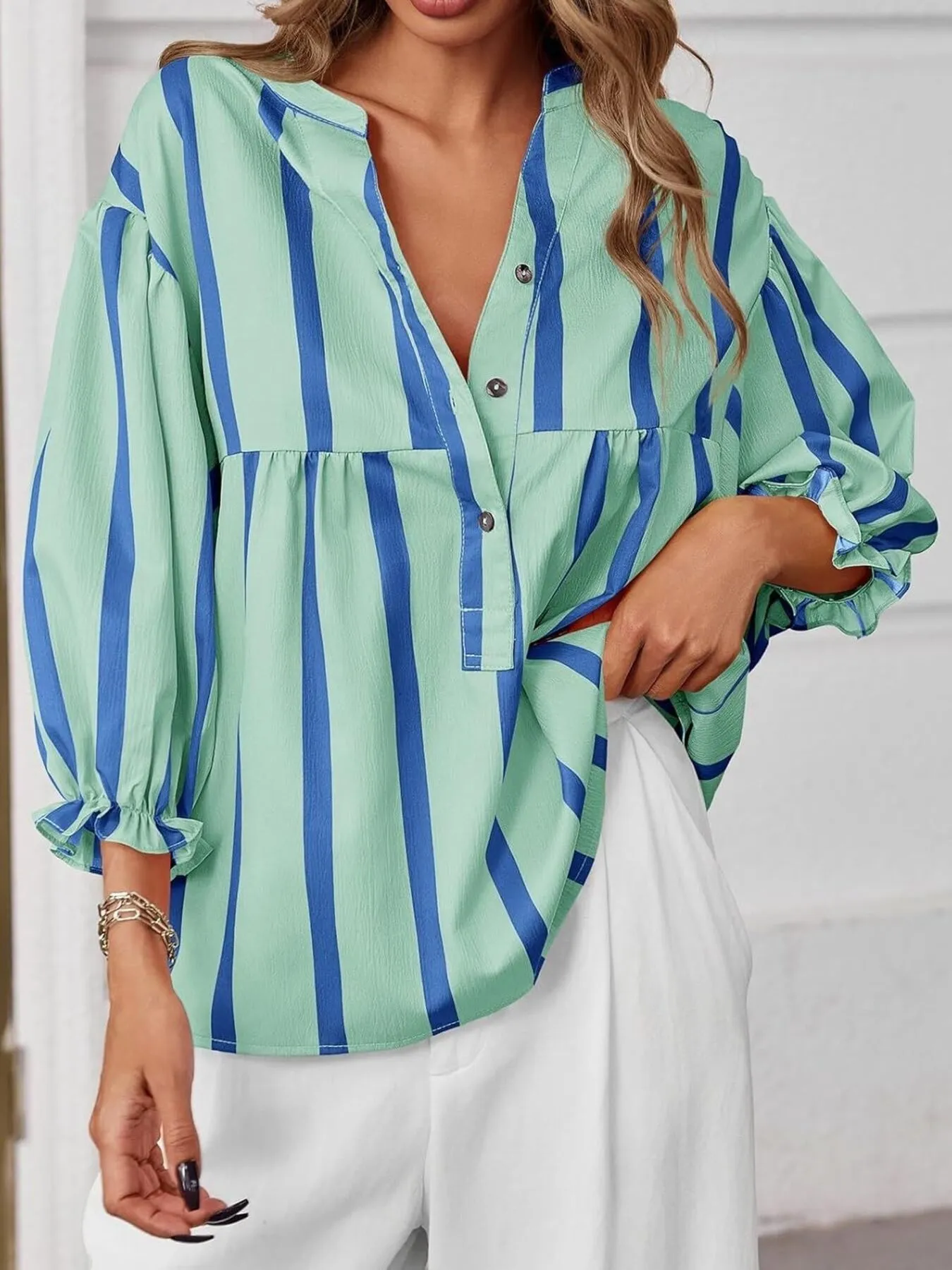Striped Button Front Notched Blouse - Image 2