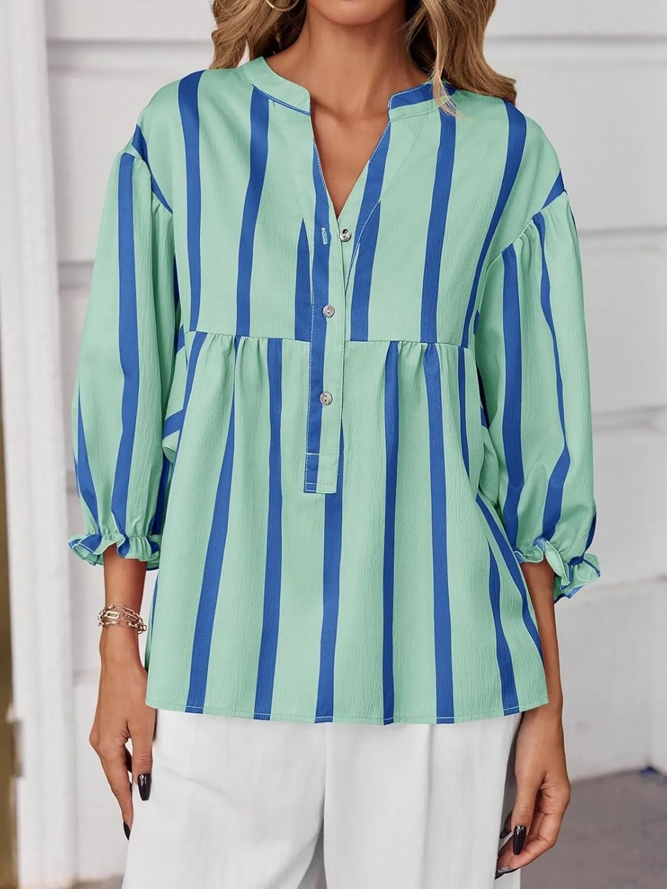Striped Button Front Notched Blouse - Image 3