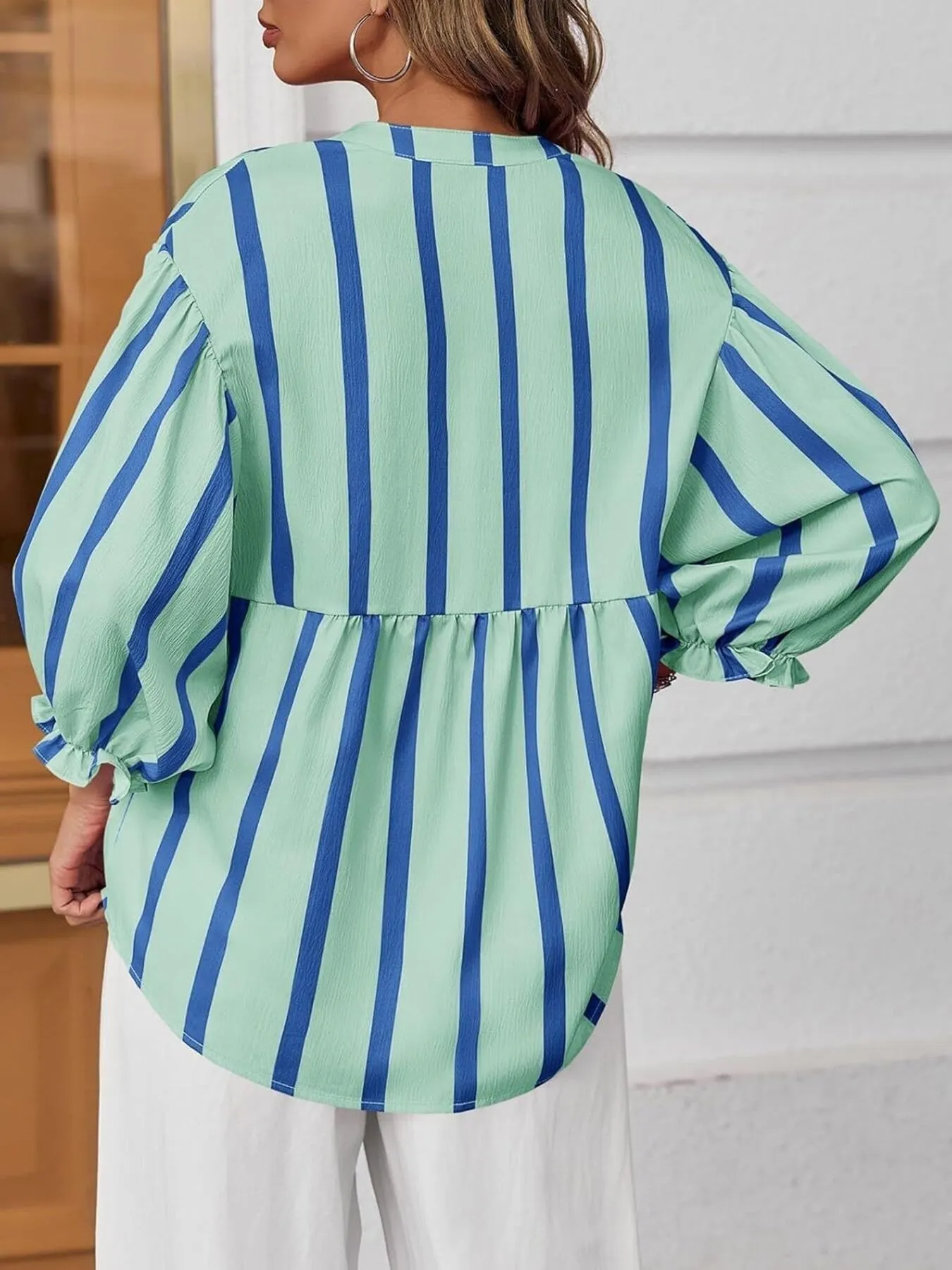 Striped Button Front Notched Blouse - Image 4