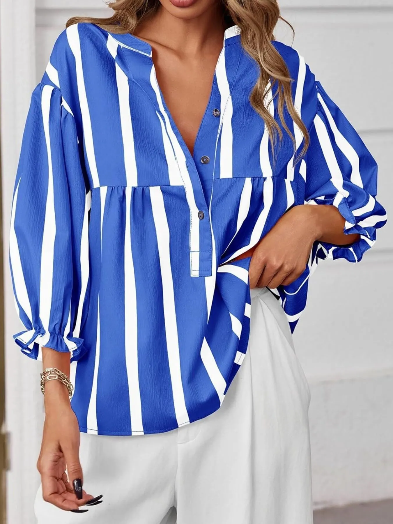 Striped Button Front Notched Blouse - Image 5