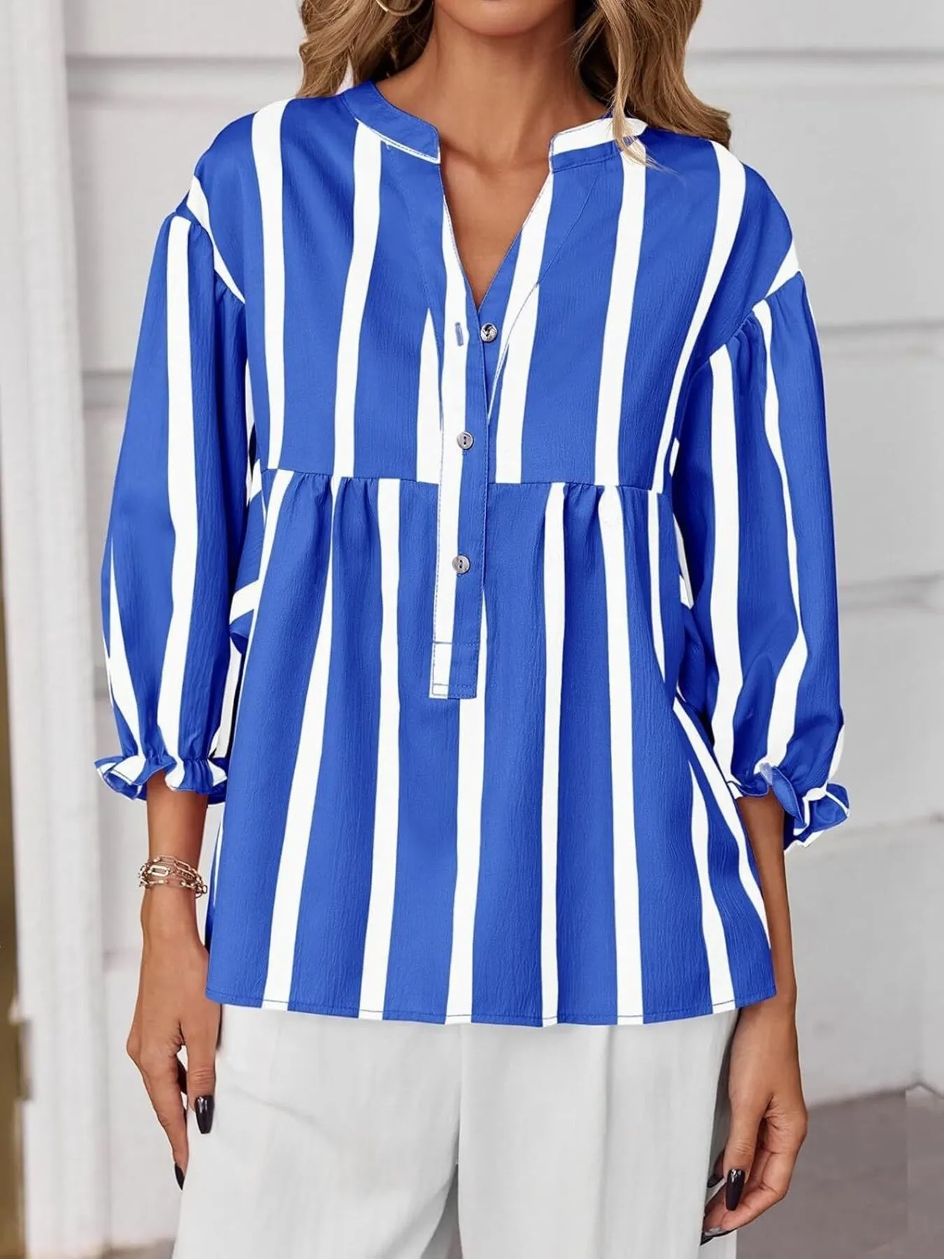 Striped Button Front Notched Blouse - Image 8