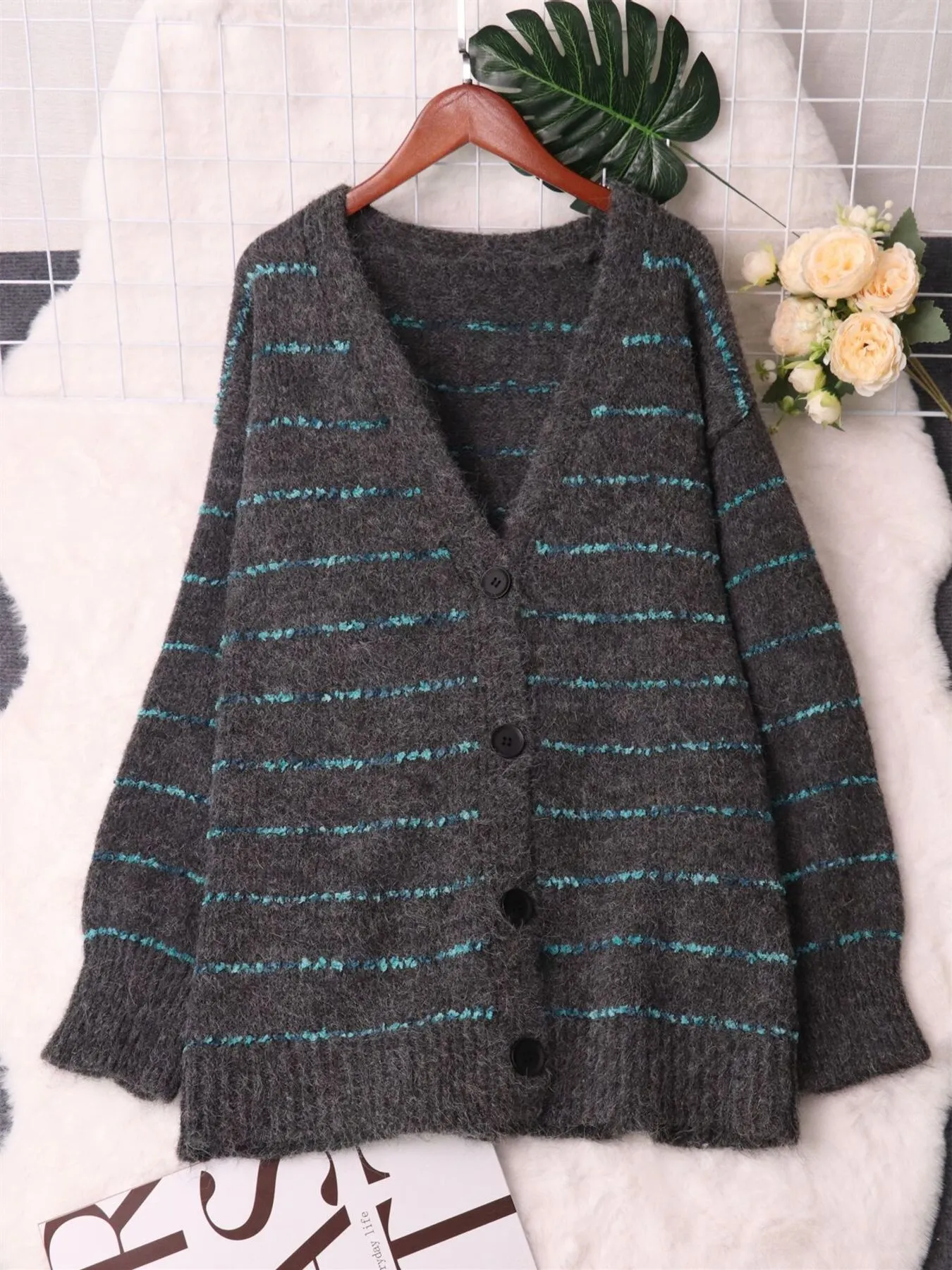 Striped Button-Up Cardigan with V-Neck Design - Image 23