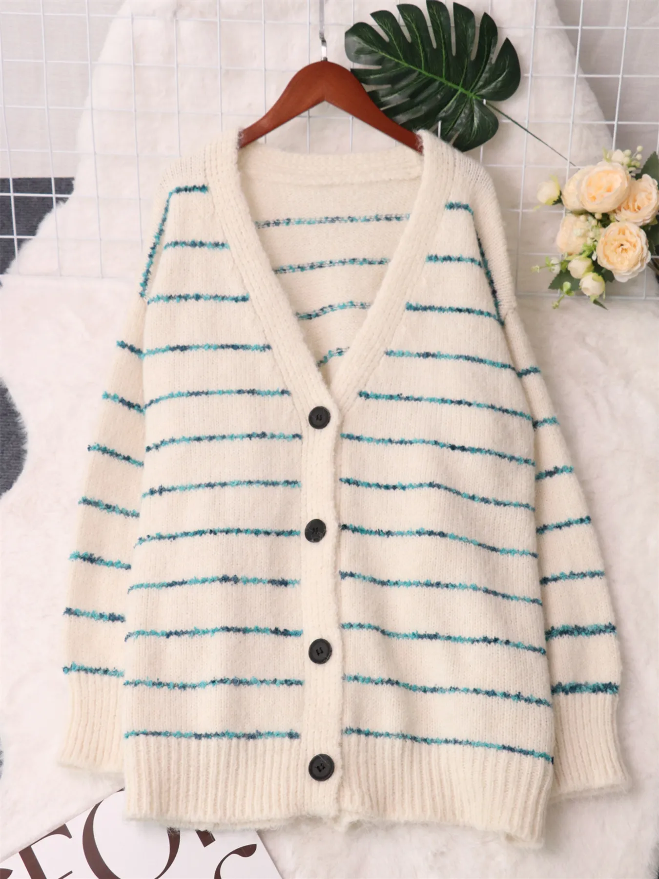 Striped Button-Up Cardigan with V-Neck Design - Image 5