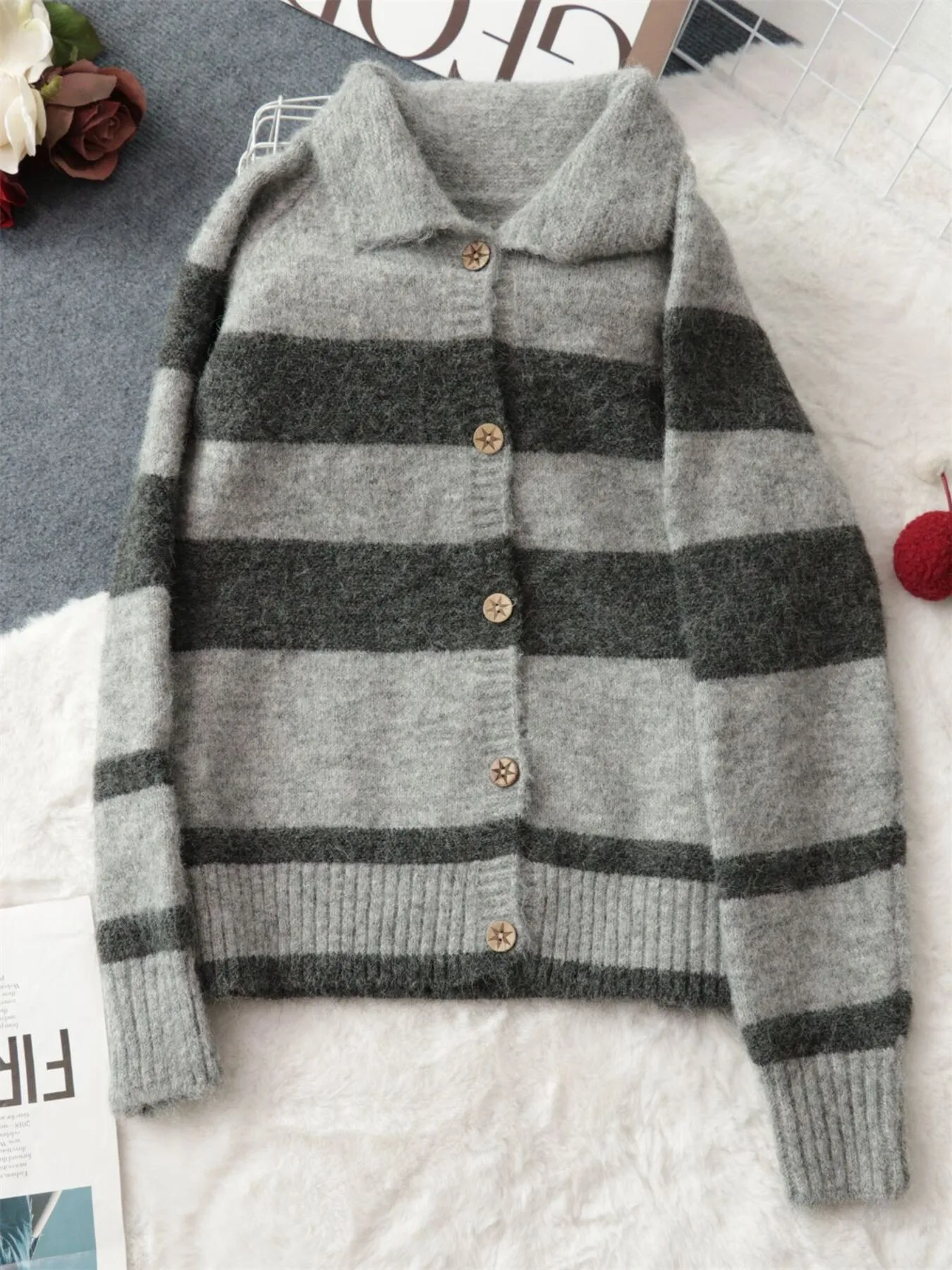 Striped Button-Up Cozy Cardigan - Image 17