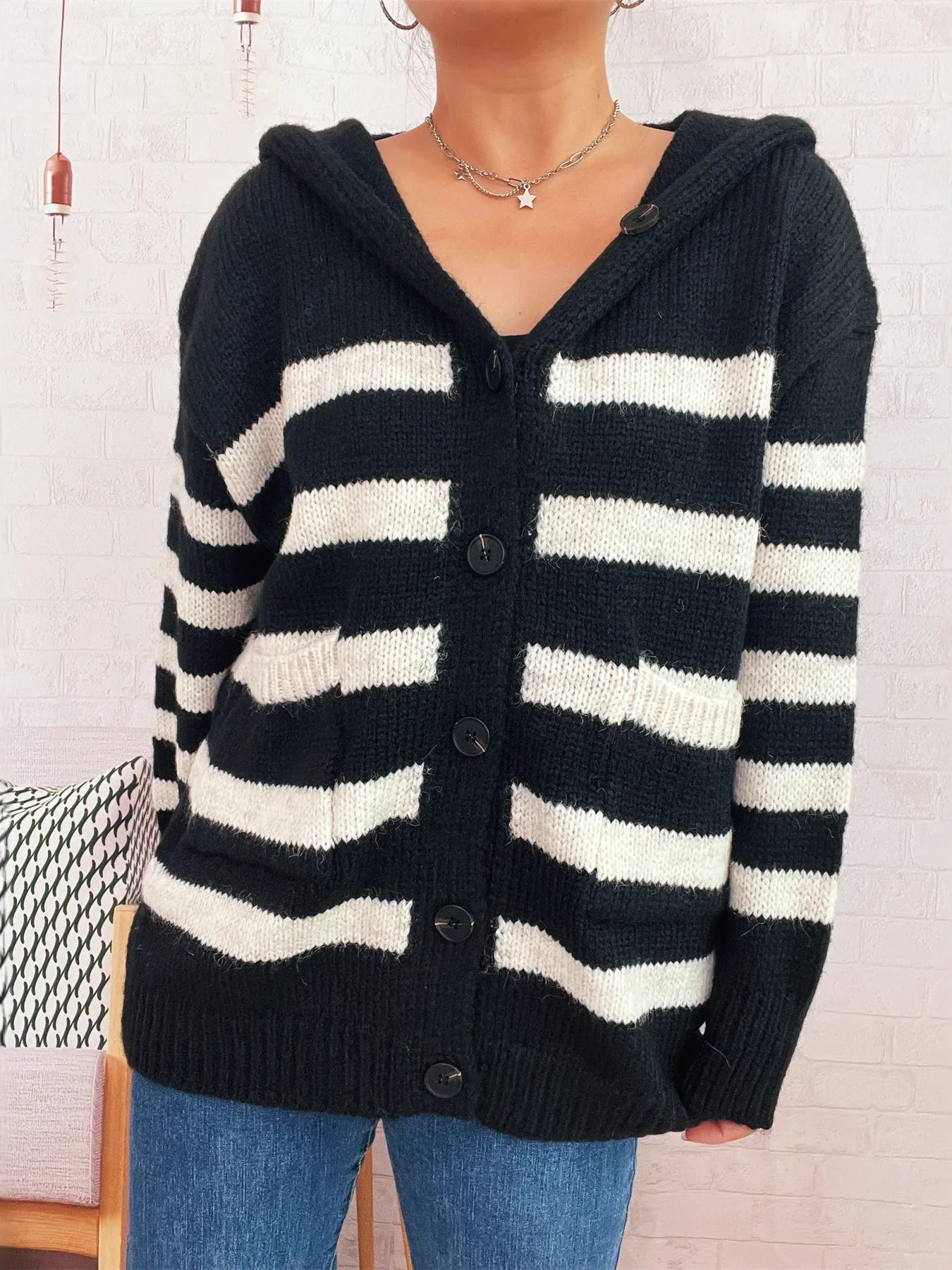Striped Button-Up Hooded Cardigan - Image 11
