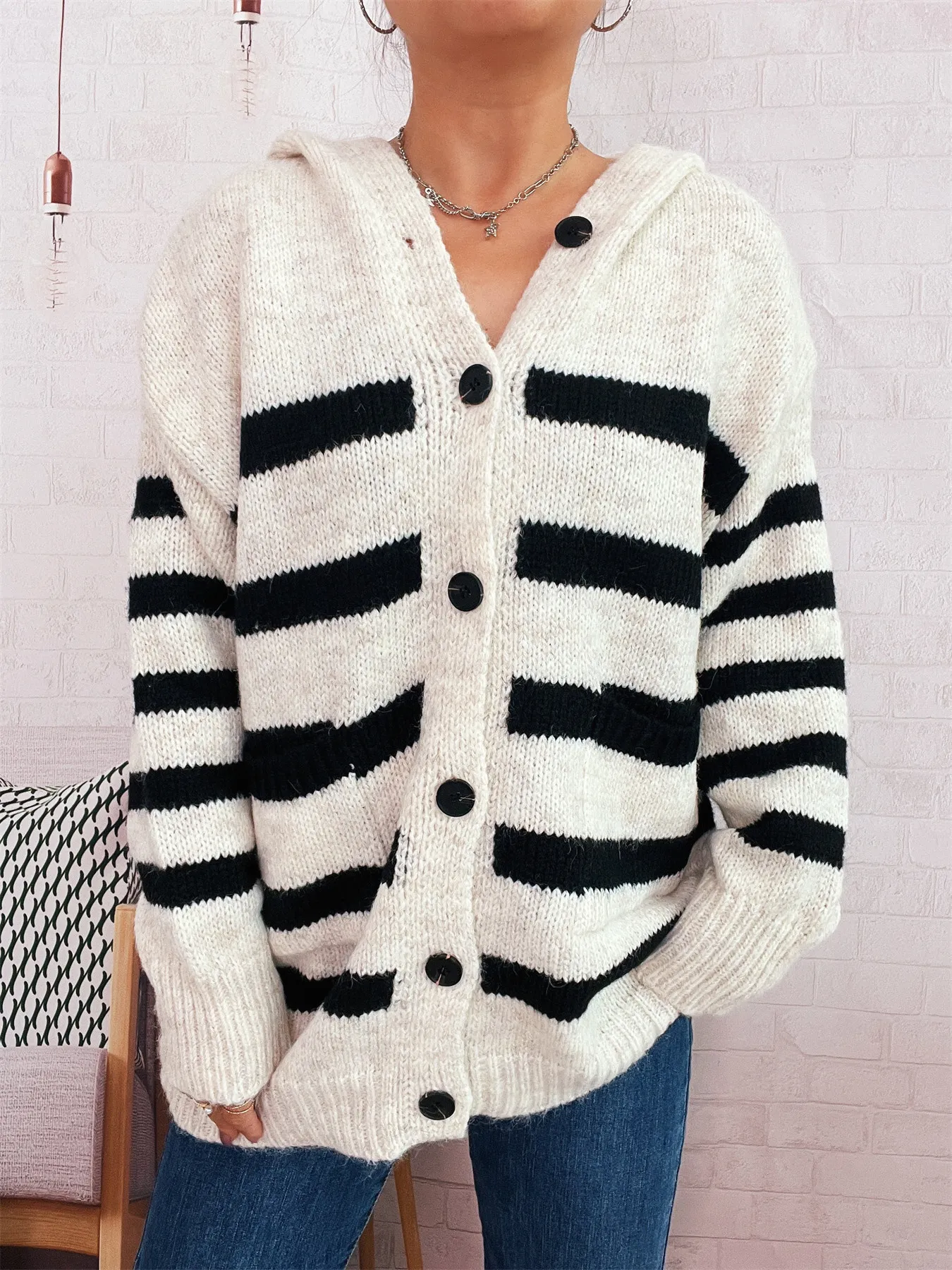 Striped Button-Up Hooded Cardigan - Image 2