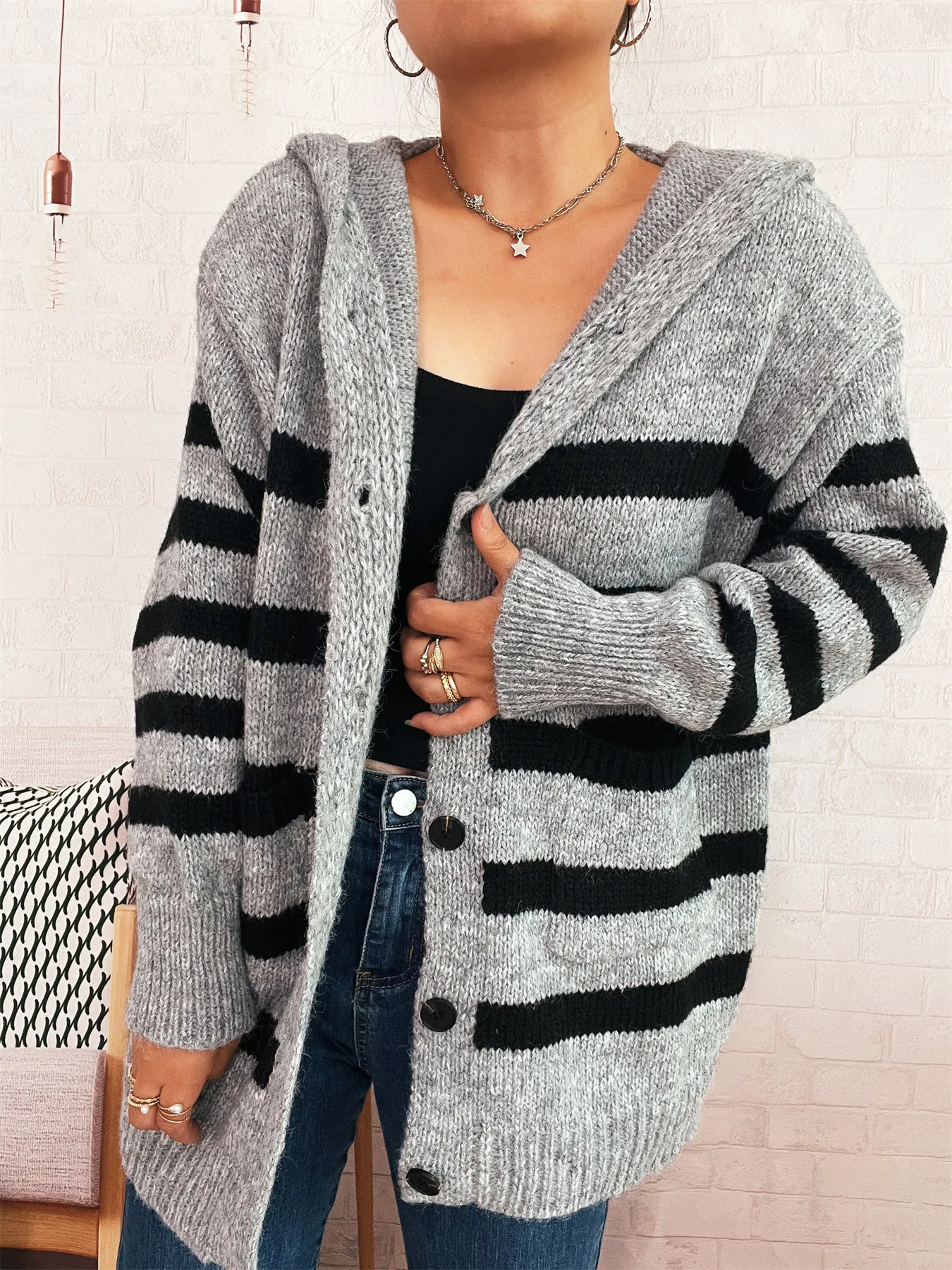 Striped Button-Up Hooded Cardigan - Image 20