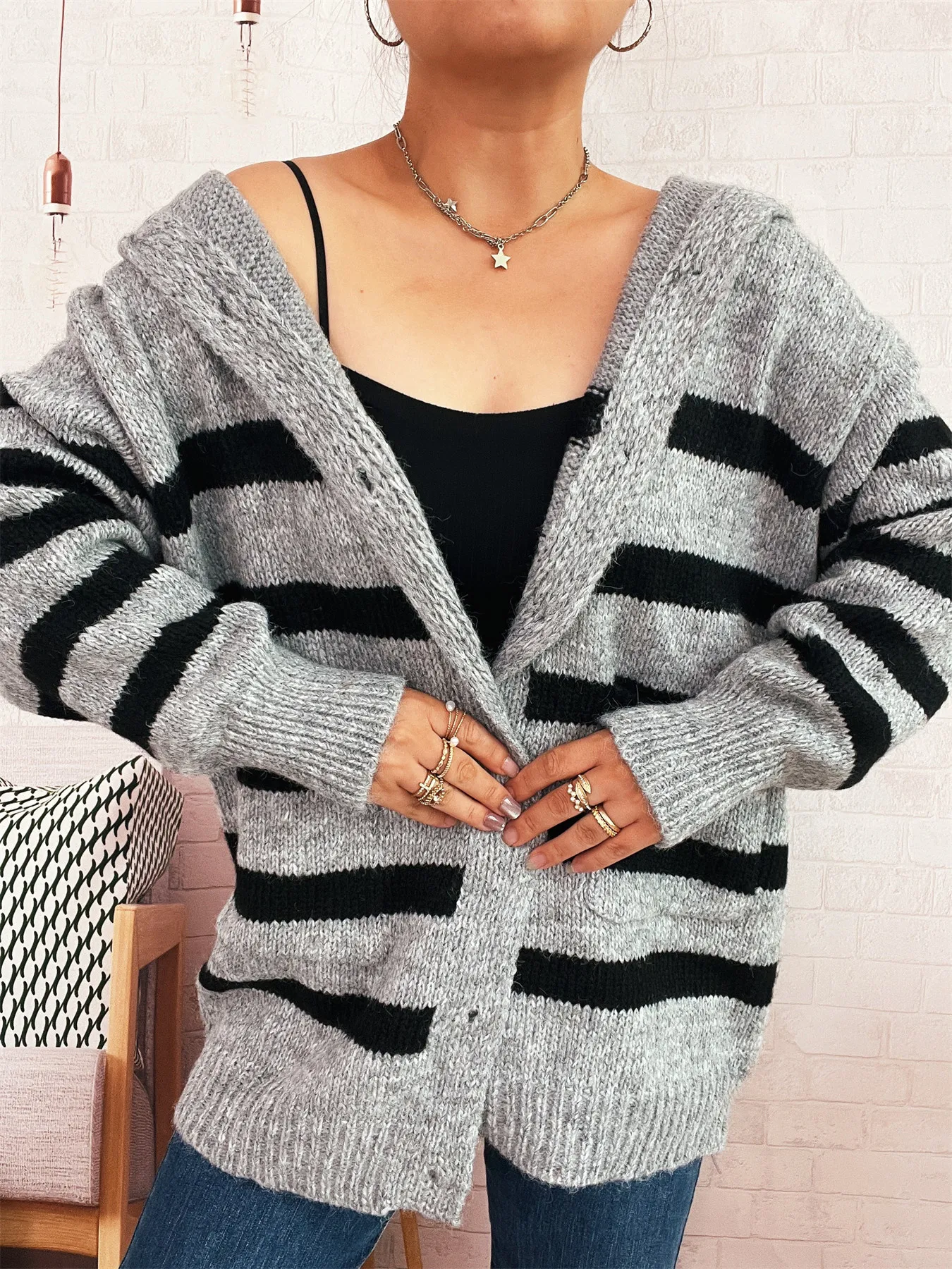 Striped Button-Up Hooded Cardigan - Image 21