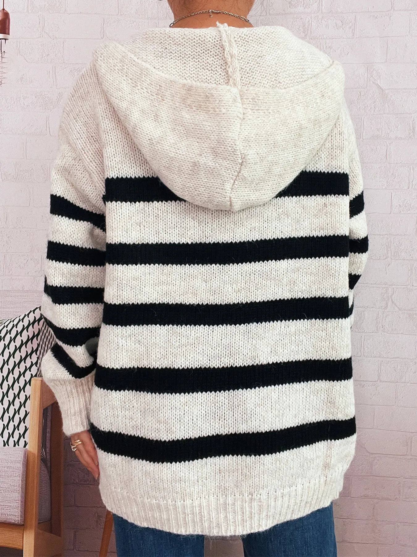 Striped Button-Up Hooded Cardigan - Image 6